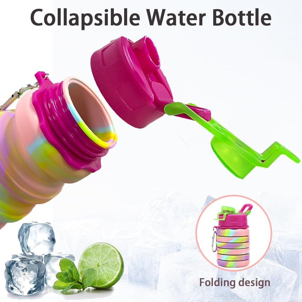Silicone Collapsible Water Bottles, 16Oz 500Ml Portable Foldable Expandable Water Bottle Sports Cups, Leak Proof Reusable BPA Free, for Outdoor Activities Travel(2# Pink)