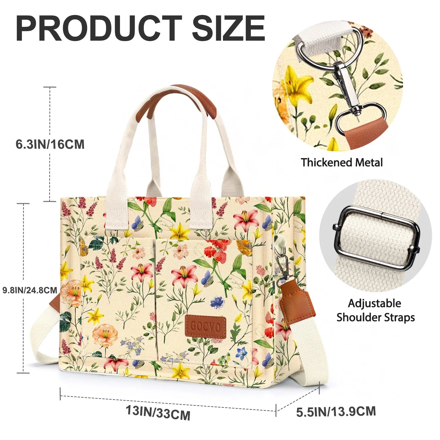 Canvas Tote Bag for Women, Large Multi-Pocket Shoulder Handbag, Crossbody Messenger Bag, Retro Flower