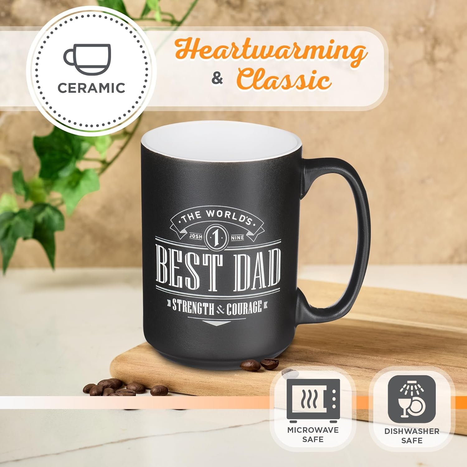 Large Ceramic Coffee & Tea Mug for Dads & Fathers: World'S Best Dad Strength & Courage Inspirational Bible Verse, Non-Toxic Lead-Free, Microwave/Dishwasher Safe, Black/White, 14Oz.