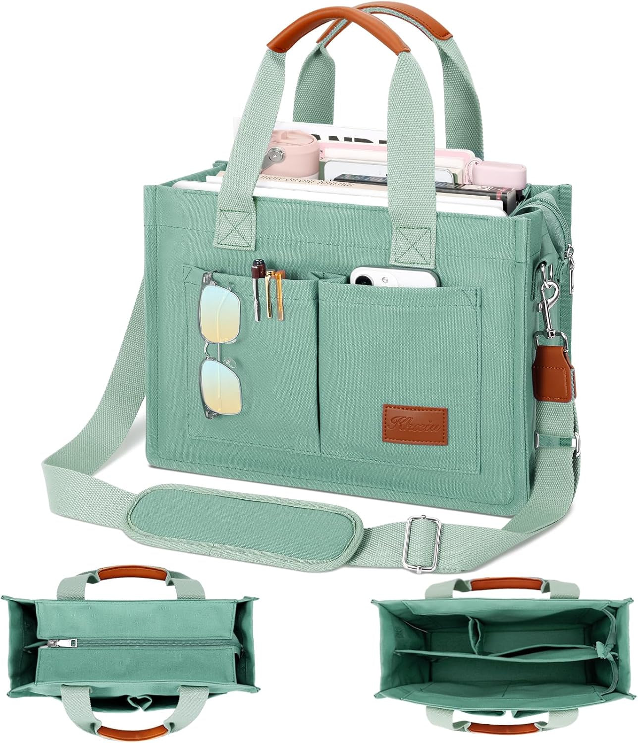 KKXIU Large Canvas Tote Bag for Women with Zipper and Compartments Crossbody Work Bible Messenger Purse Bag with Pockets