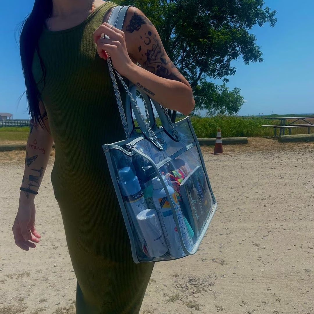 Women Large Clear Tote PVC Purse with Small Crossbody Bag 2-Piece Set - Transparent Stadium Approved Shoulder Handbag