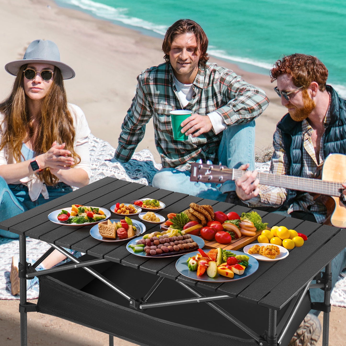 Folding Camping Table Adjustable Height 21-36 in Steel Frame 37 x 22 in Outdoor Picnic Table Black