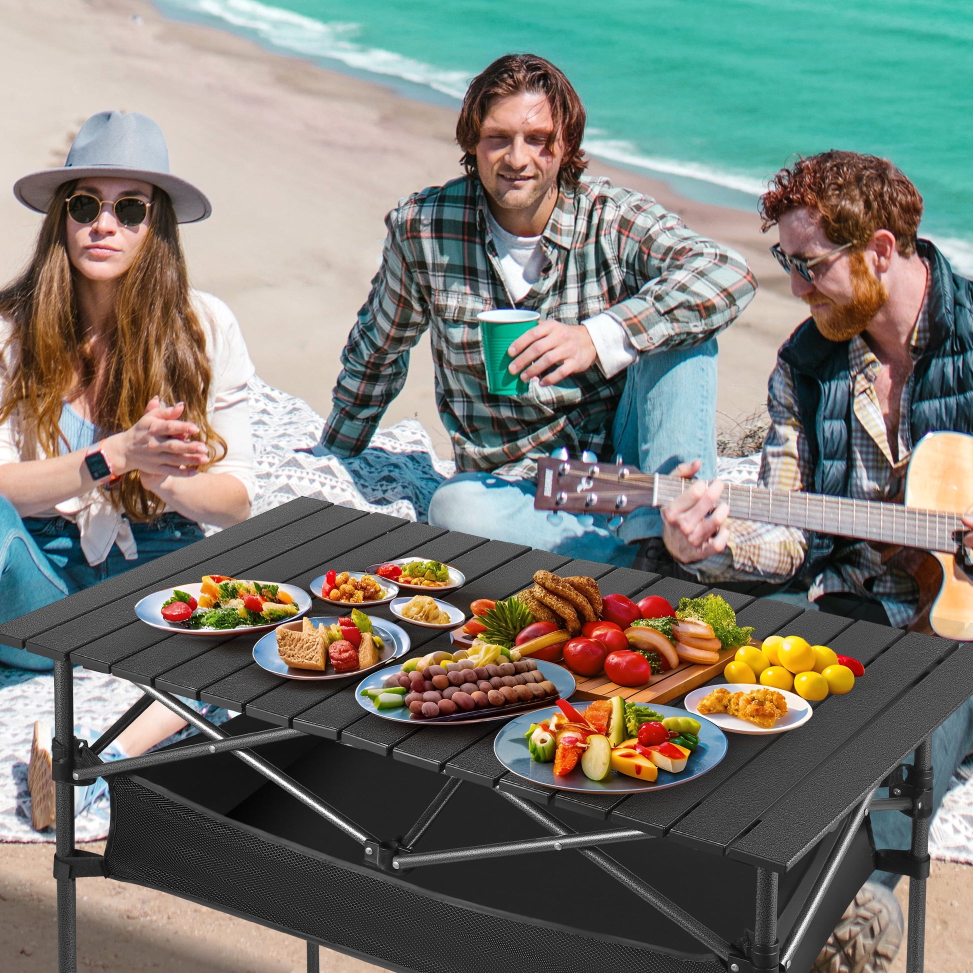 Folding Camping Table Adjustable Height 21-36 in Steel Frame 37 x 22 in Outdoor Picnic Table Black