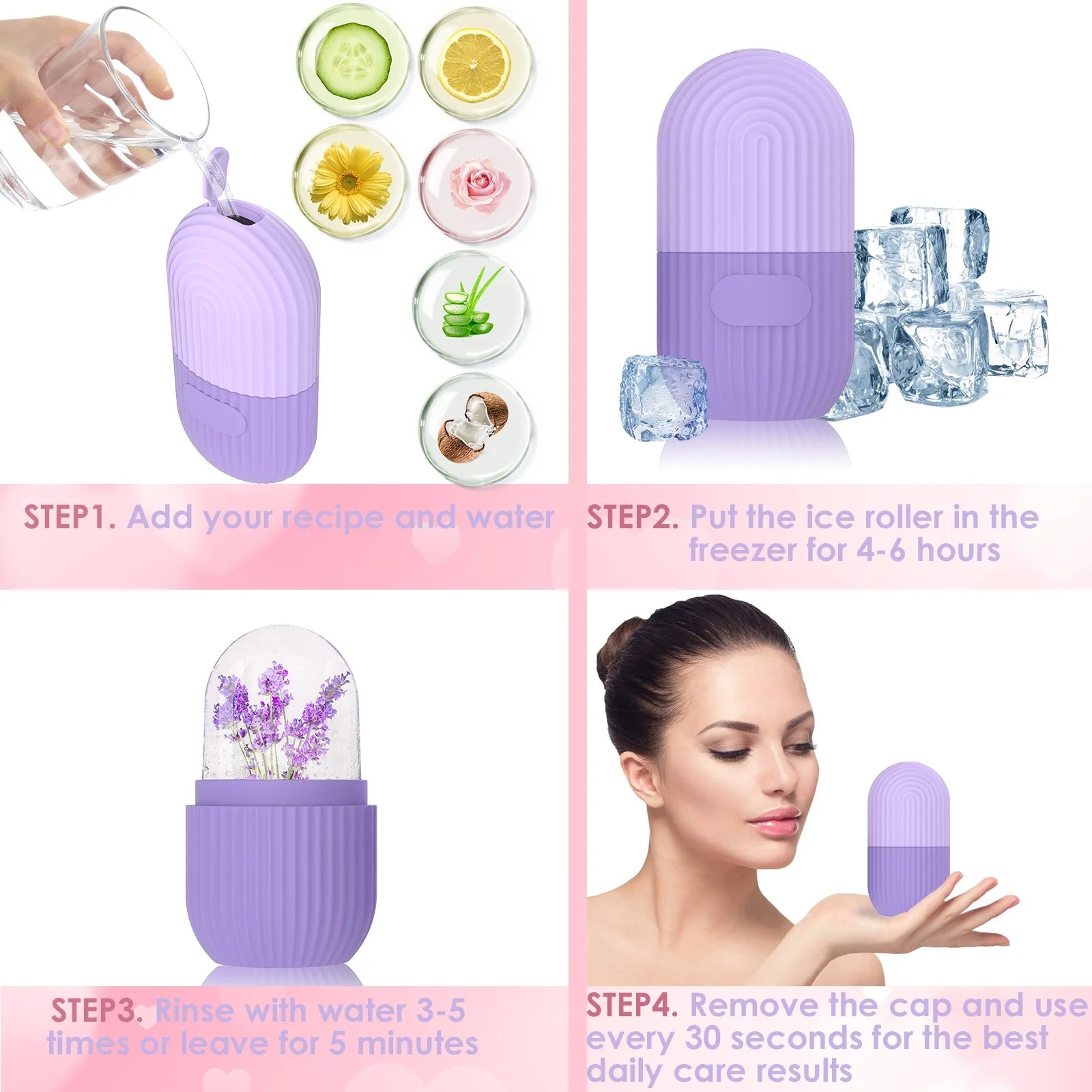 Ice Face Roller Silicone Ice Facial Roller for Face Contour Eyes Neck - Purple Beauty Massage Tool Remove Dark Circles Pore Shrink Skin Care