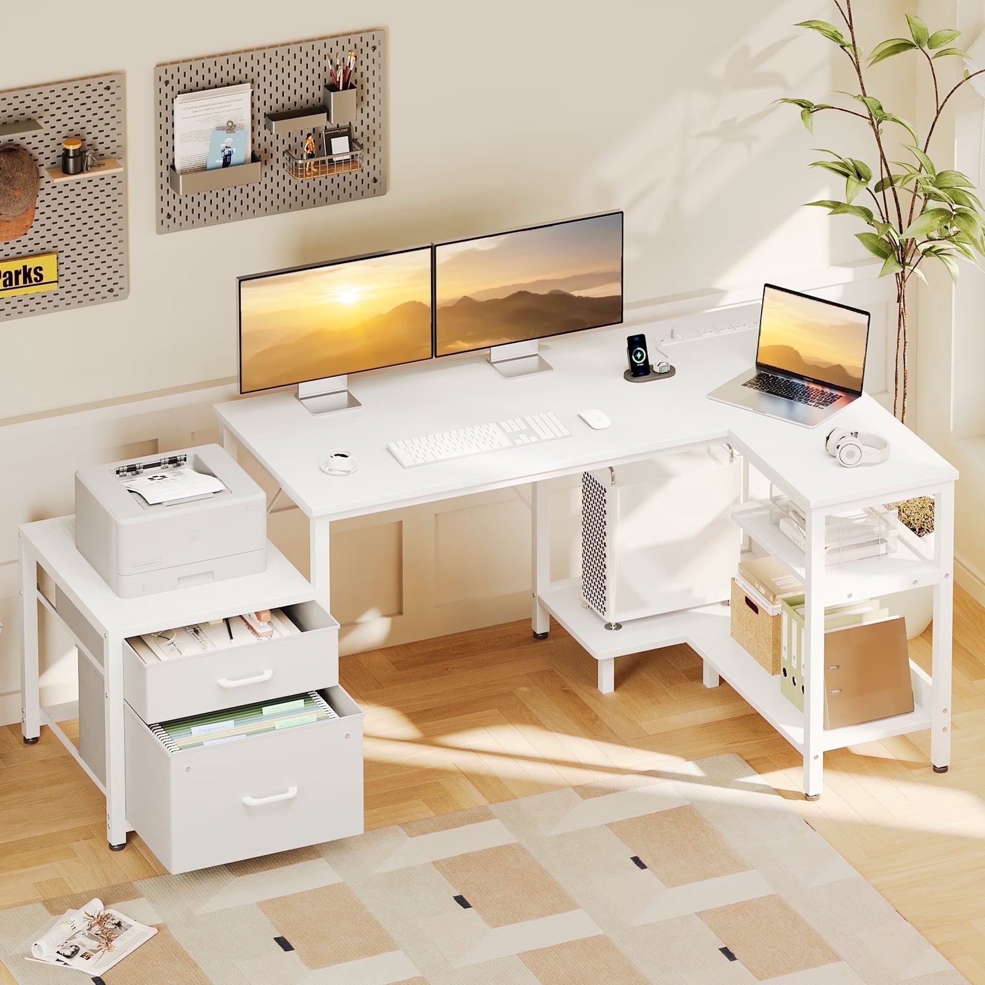 L Shaped Desk with Power Outlets, Large Computer Desk with File Drawer, Home Office Desk with Printer Stand & Storage Shelves, Corner Desk, White