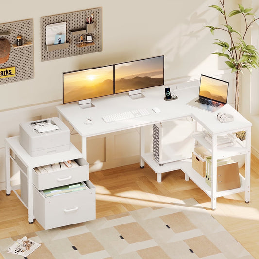 L Shaped Desk with Power Outlets, Large Computer Desk with File Drawer, Home Office Desk with Printer Stand & Storage Shelves, Corner Desk, White