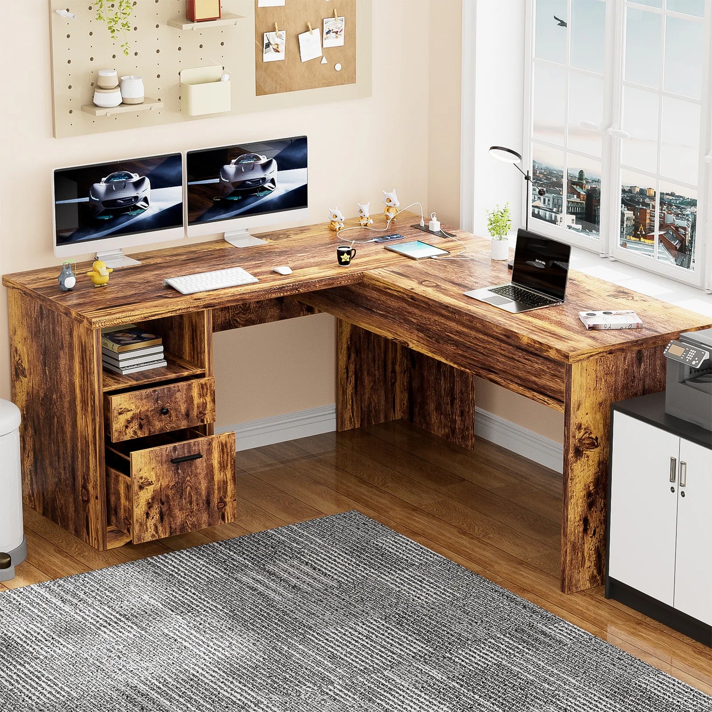 Lift Top L-Shaped Desk with Charge Station, Corner Standing Desk with File Drawers for Home Office