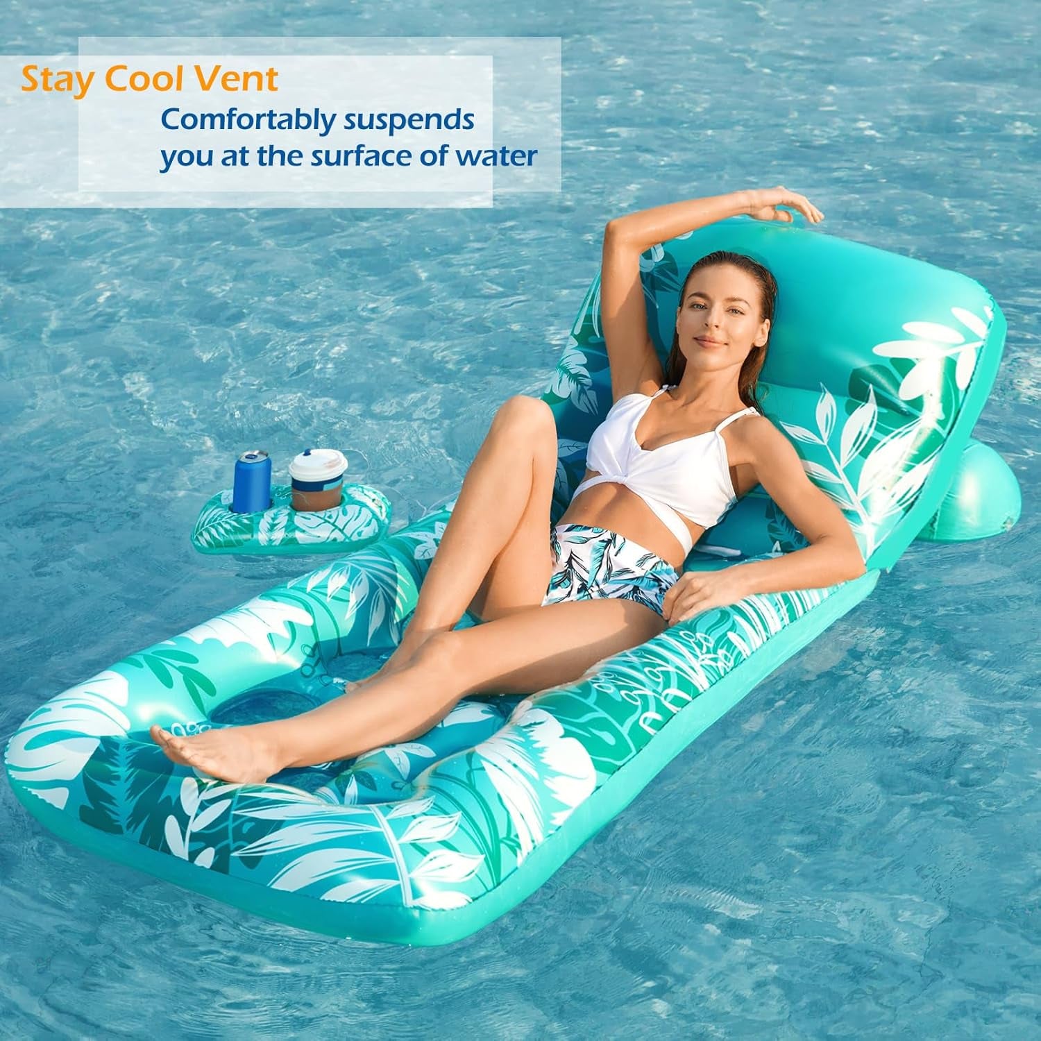 Inflatable Pool Float Adult - Pool Floaties Lounger Floats Floating Chair Raft with Adjustable Backrest Cup Holders Water Floaty Lake Lounge Tanning Floats Beach Party Toys for Adults