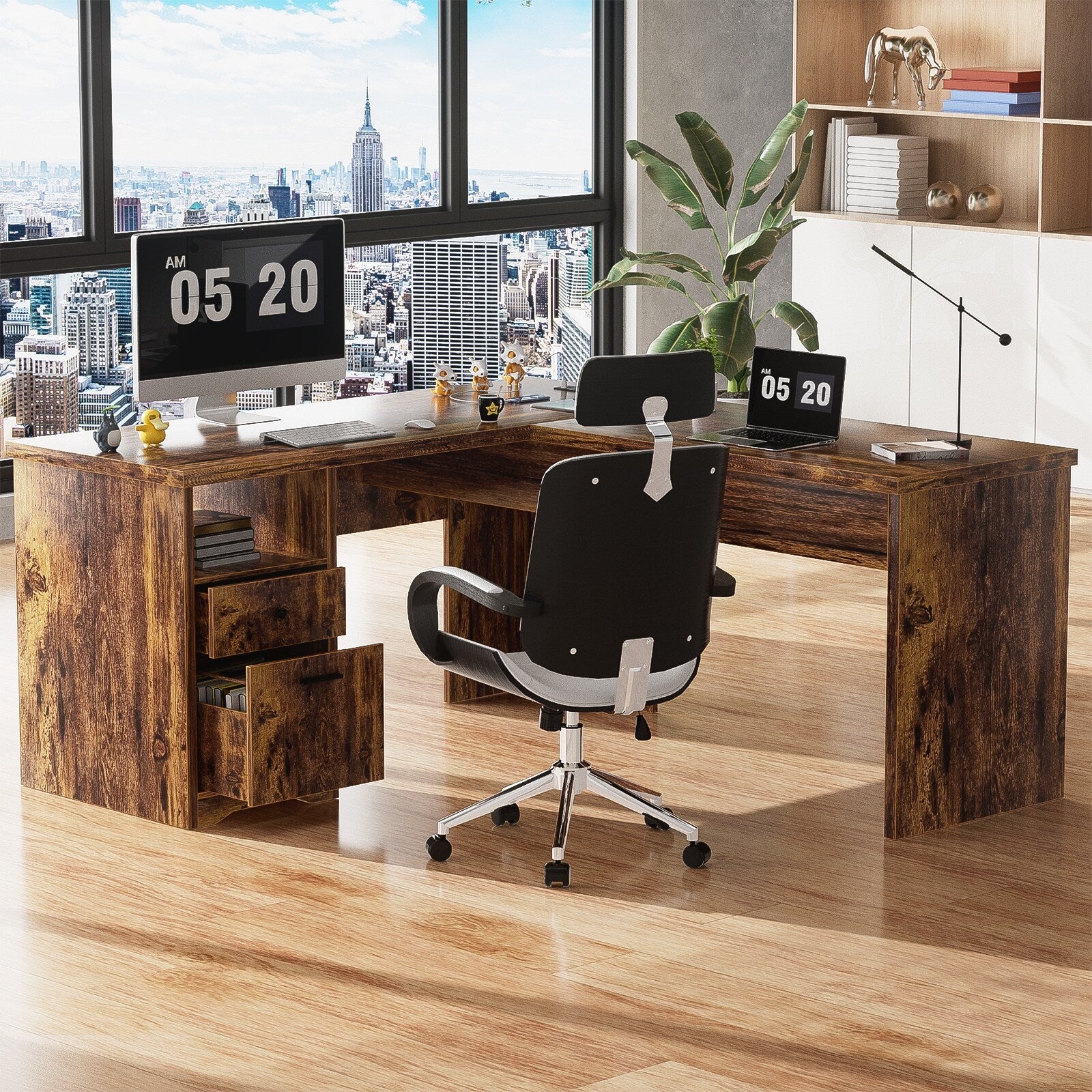 Lift Top L-Shaped Desk with Charge Station, Corner Standing Desk with File Drawers for Home Office