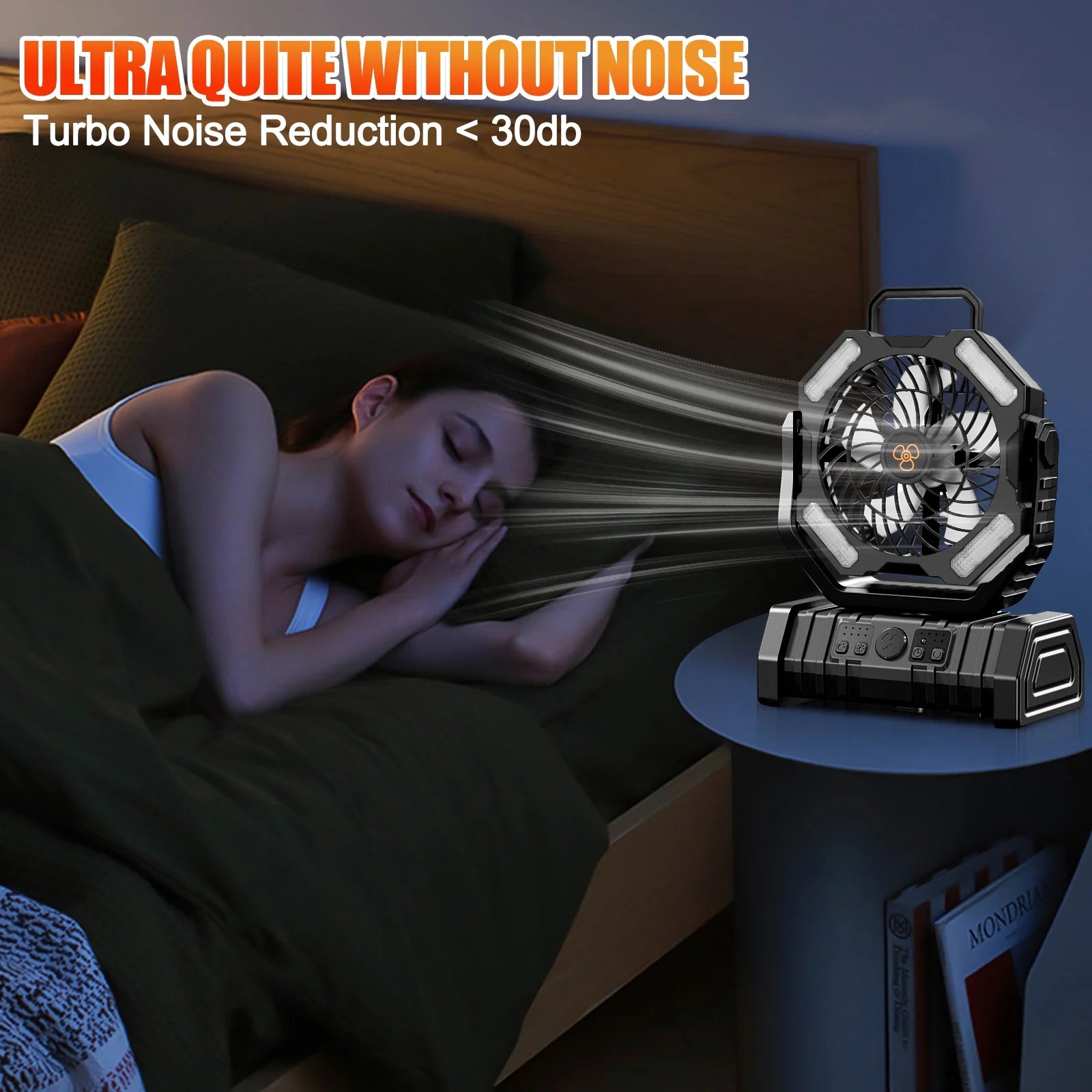Camping Fan with LED Lantern, 20000mAh Rechargeable Battery, 270° Adjustable Rotation, 4-Speed Portable Tent Fan, Black