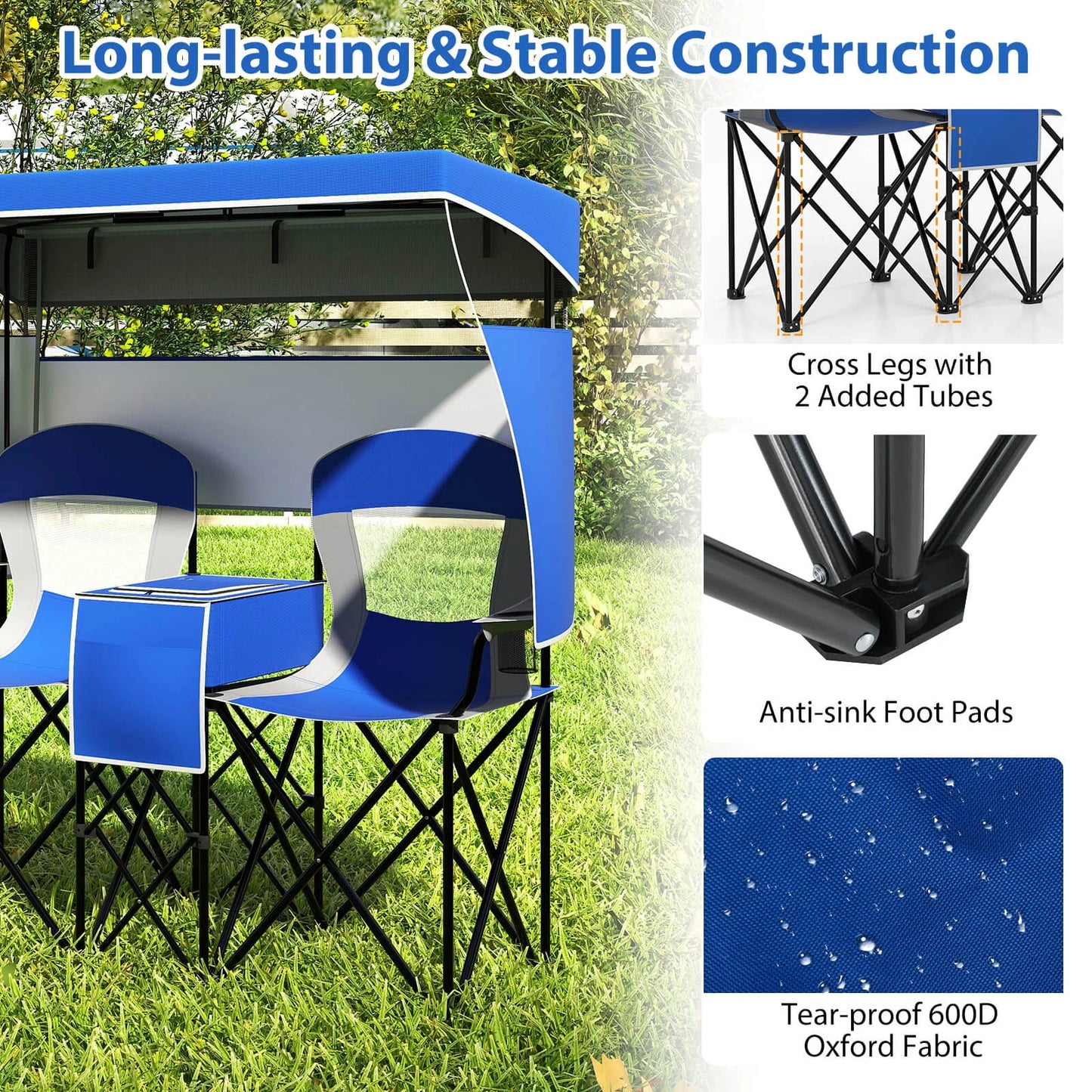 Double Beach Chair with Adjustable Canopy Oversized Folding Camping Chair Navy