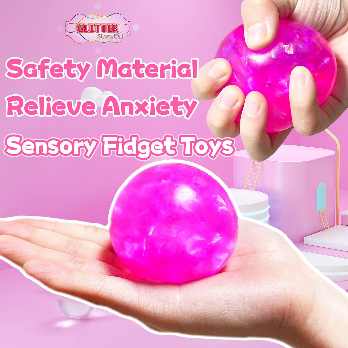 Pink Squishy Glitter Stress Balls Squeeze Fidget Toys for Kids Small,