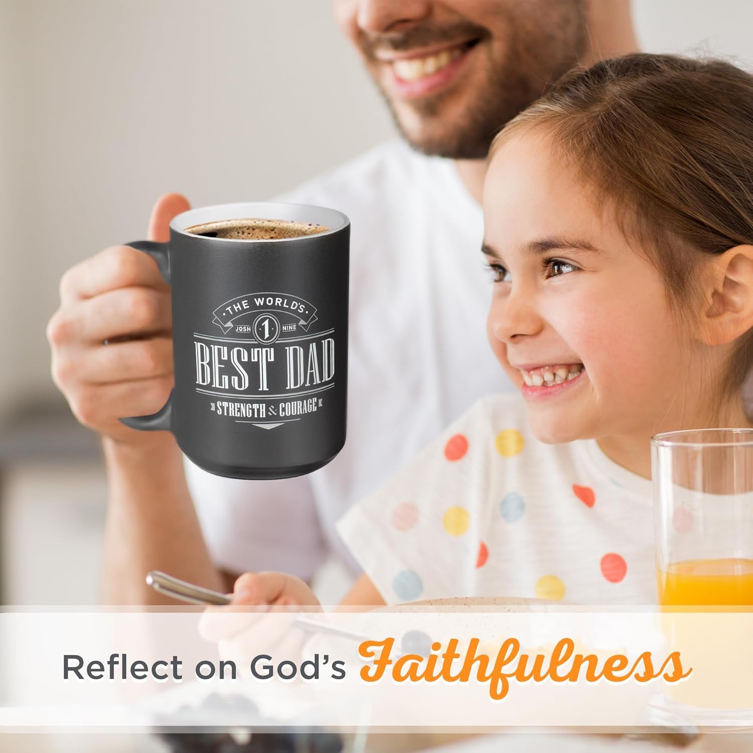 Large Ceramic Coffee & Tea Mug for Dads & Fathers: World'S Best Dad Strength & Courage Inspirational Bible Verse, Non-Toxic Lead-Free, Microwave/Dishwasher Safe, Black/White, 14Oz.