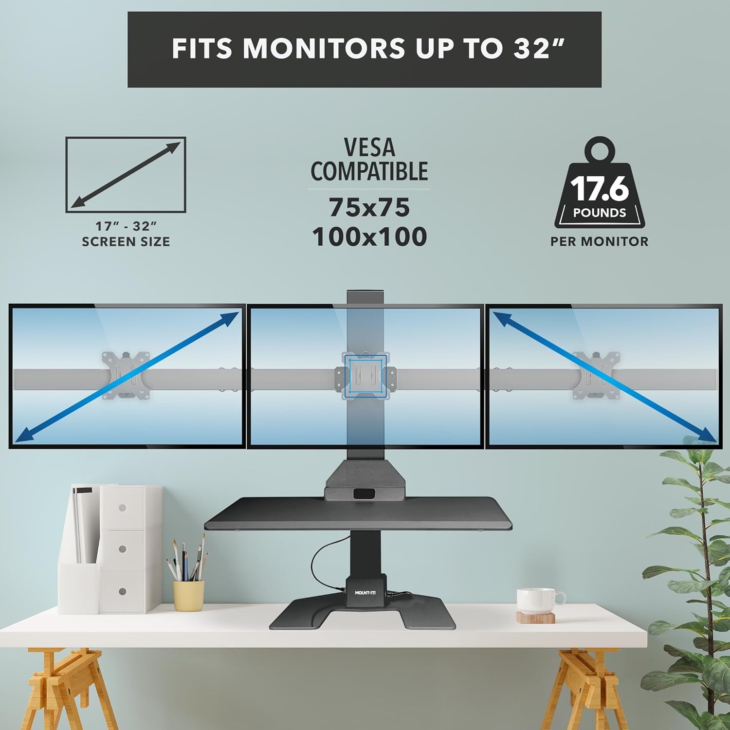 Triple Monitor Electric Standing Desk Converter with Height Adjustable Desktop, 3 Mounts for 13–32 in Screens, Sit-Stand Workstation, Black