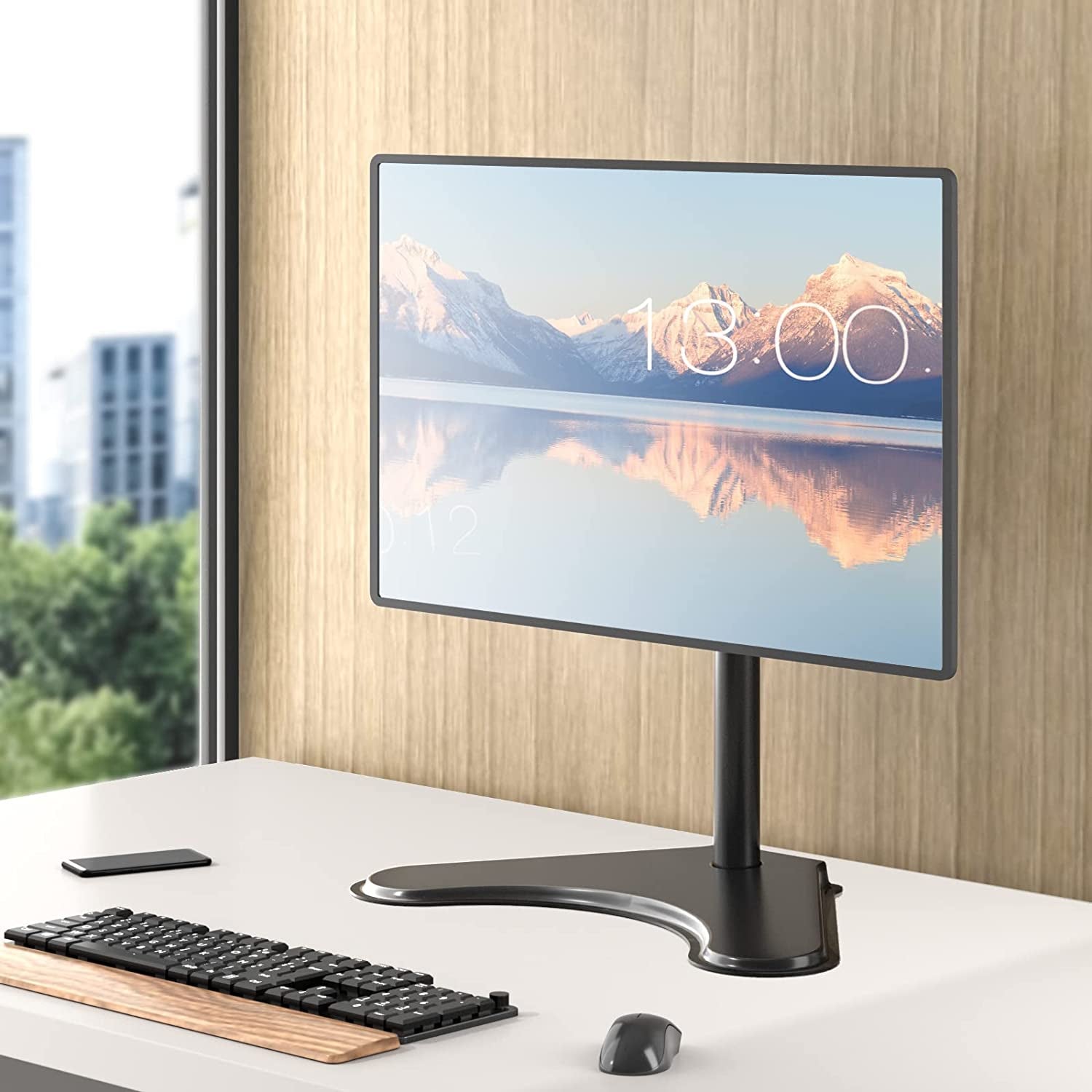 Single Monitor Desk Mount Arm for 13–32 in Screens, Adjustable Height and Angle, Freestanding VESA 75x75/100x100, Black