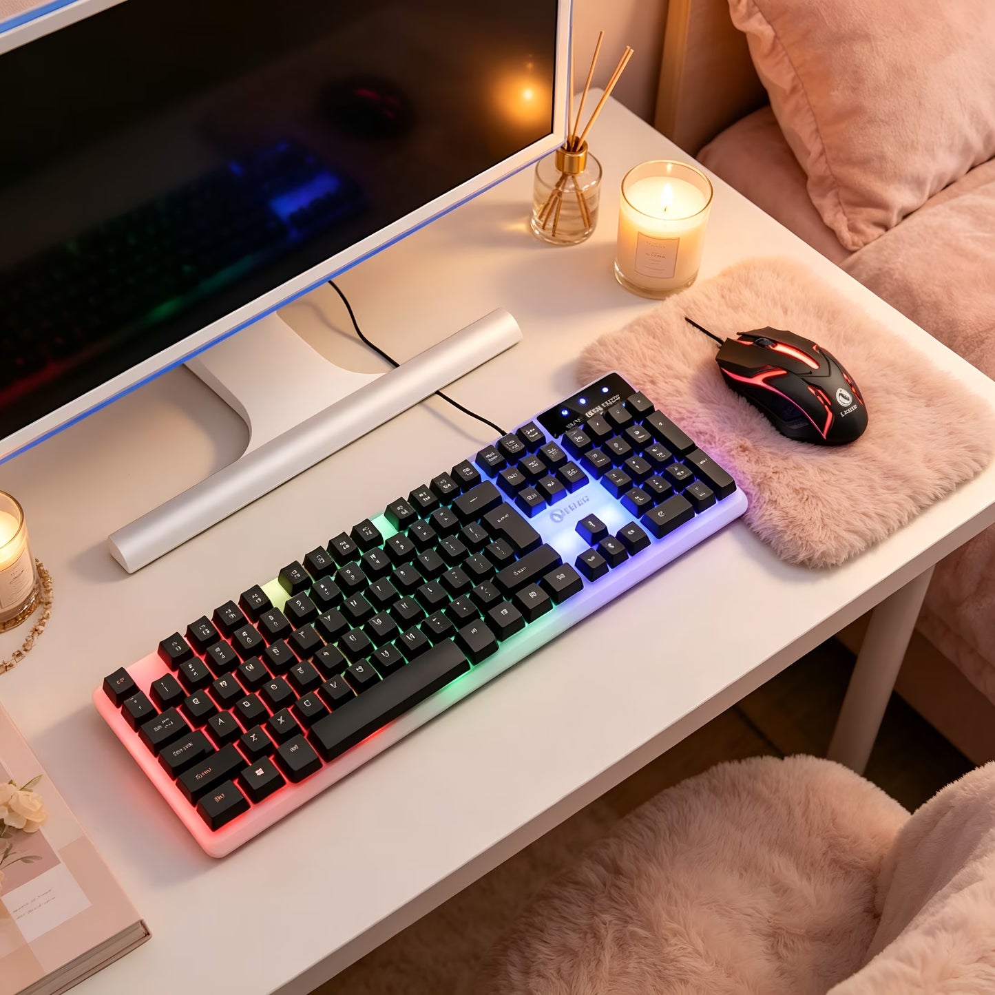 Gaming Keyboard and Mouse Combo,Luminous Wireless Mechanical Feel Keyboard with Suspended Keys,104-Key Backlit Adjustable Keyboard and Ergonomic Mouse for Pc Gaming Computer Setup