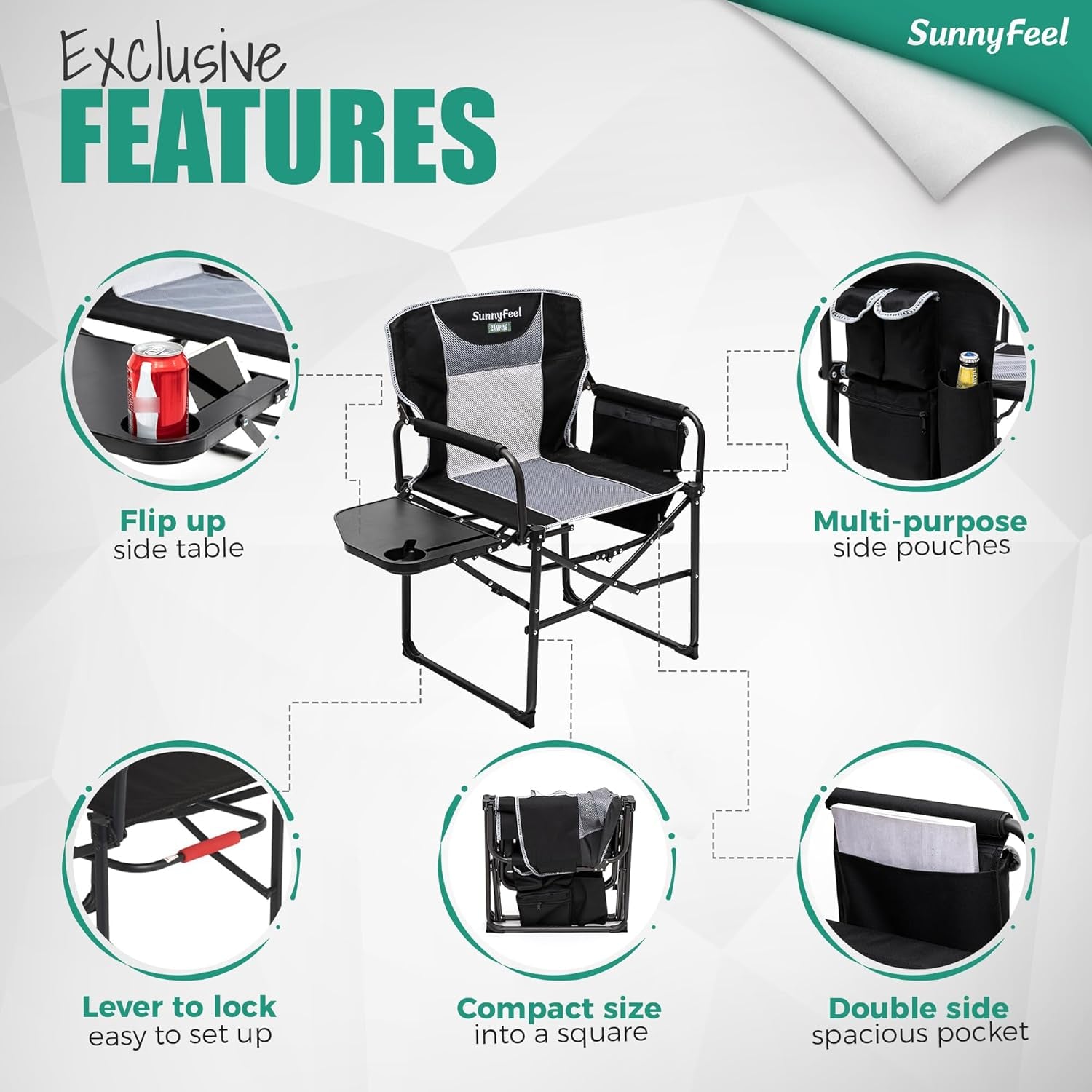 Oversized Folding Camping Directors Chair with Side Table and Storage Pockets – Heavy-Duty Portable Chair for Adults, Beach, Picnic, Fishing, Concerts, Tailgating