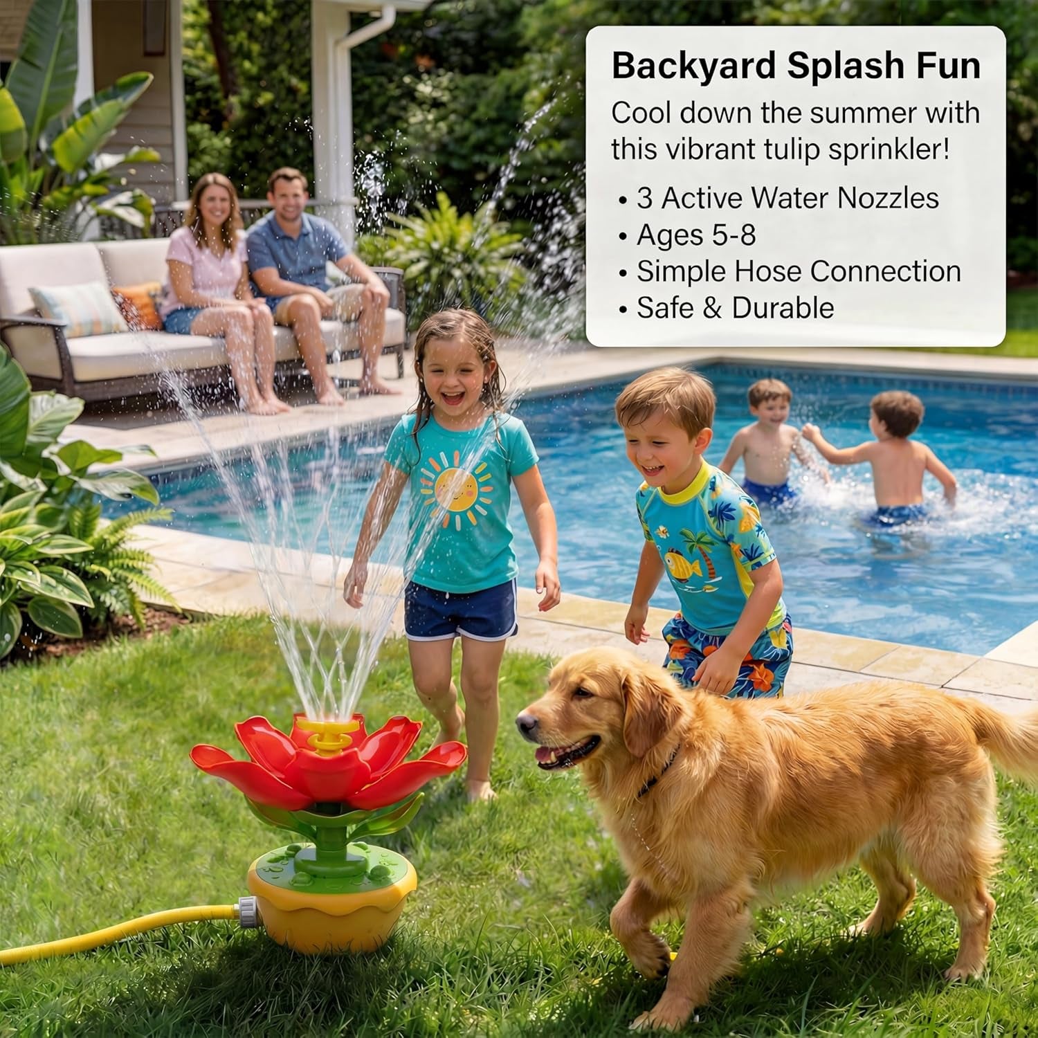 Water Sprinkler for Kids, 3-In-1 Crab Outdoor Toy with Toss Game, Batting Game & Splashing Fun, Attaches to Garden Hose, Summer Backyard Lawn Toy for Boys & Girls Ages 3-8 (Red Flower)