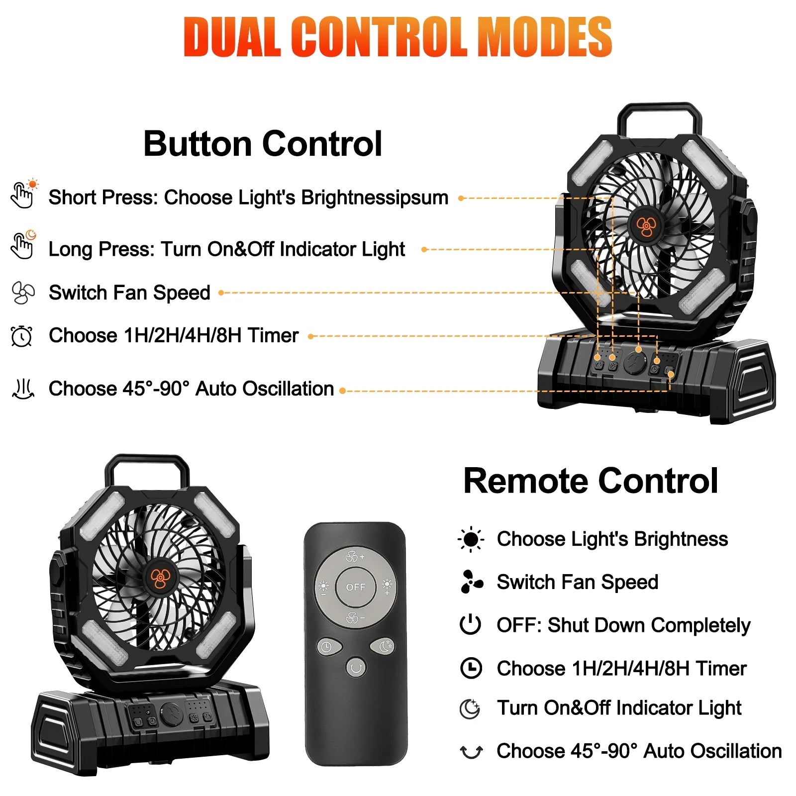 Camping Fan with LED Lantern, 20000mAh Rechargeable Battery, 270° Adjustable Rotation, 4-Speed Portable Tent Fan, Black