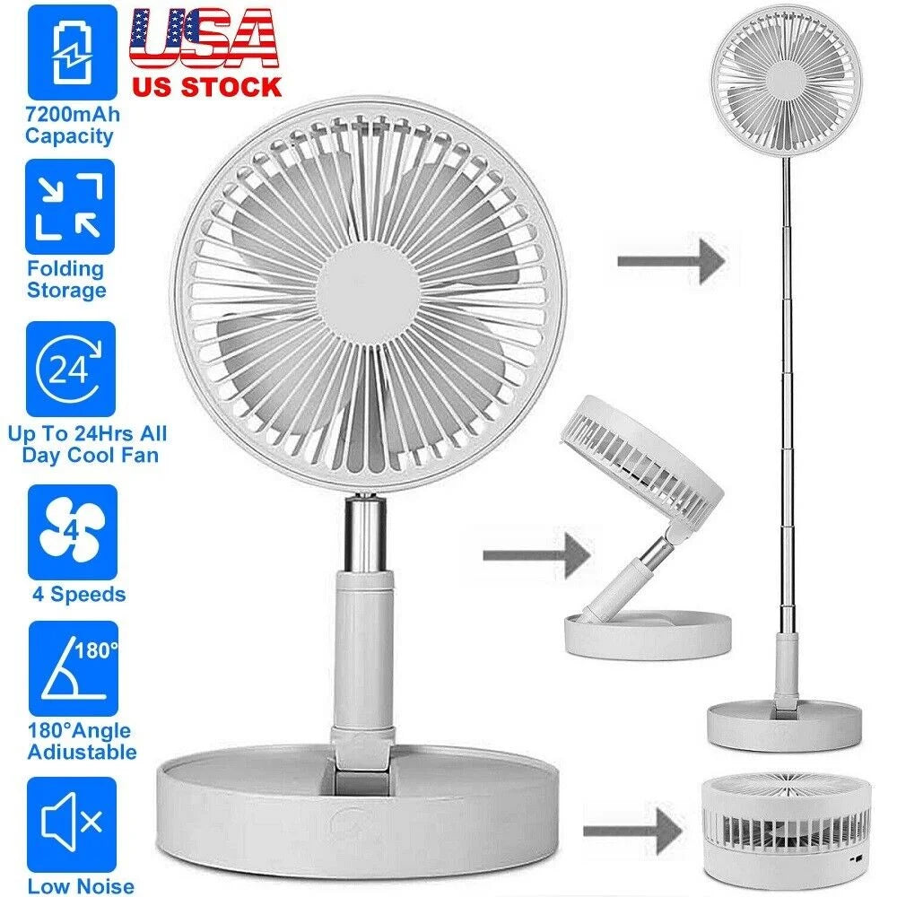 2-in-1 Cordless Foldable Stand Fan Portable Desk Fan 7200mAh Rechargeable 4 Speeds Adjustable Height 14.2-39 in with Power Bank Function