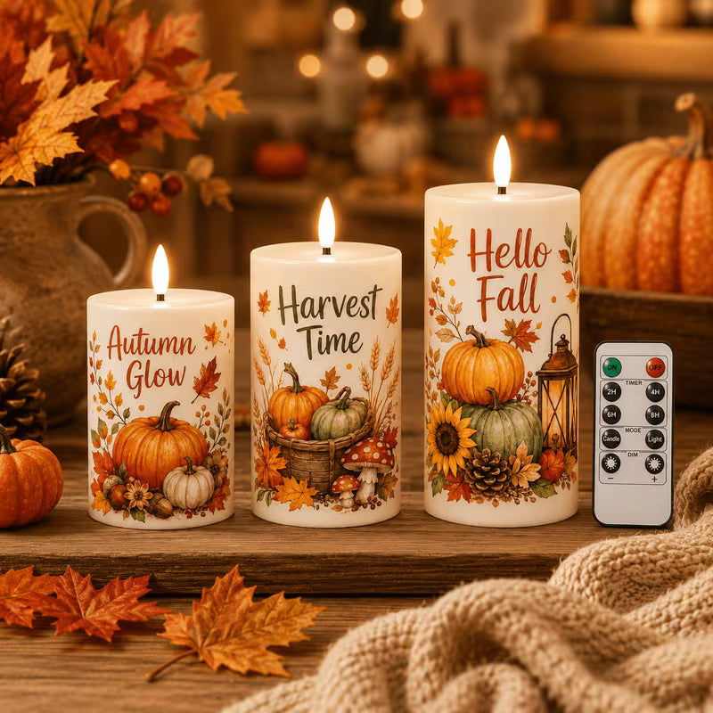 Three flameless pillar candles with pumpkin and 'Harvest Time', 'Hello Fall' designs and a remote, on an autumn table