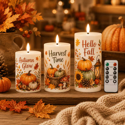 Three flameless pillar candles with pumpkin and 'Harvest Time', 'Hello Fall' designs and a remote, on an autumn table
