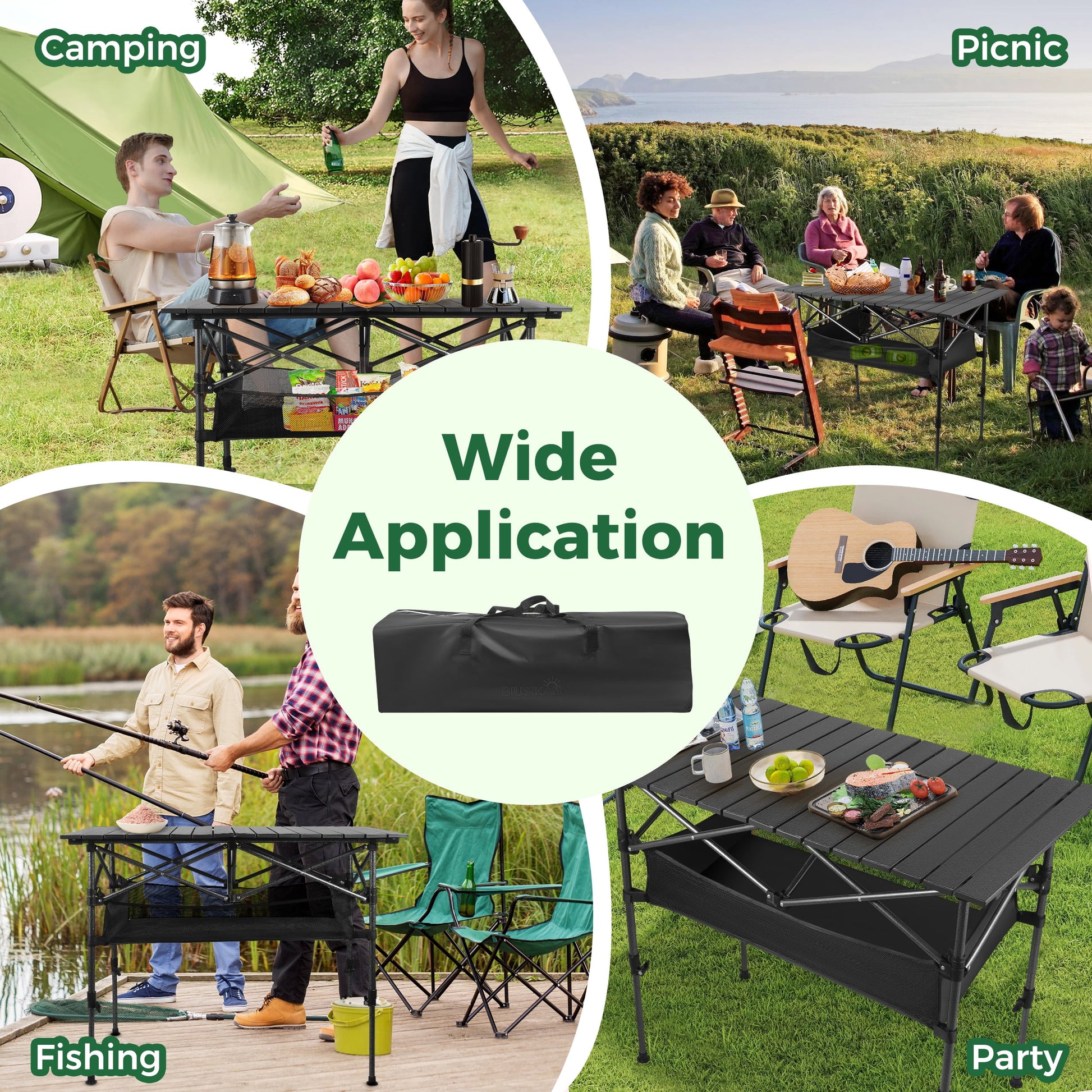 Folding Camping Table Adjustable Height 21-36 in Steel Frame 37 x 22 in Outdoor Picnic Table Black