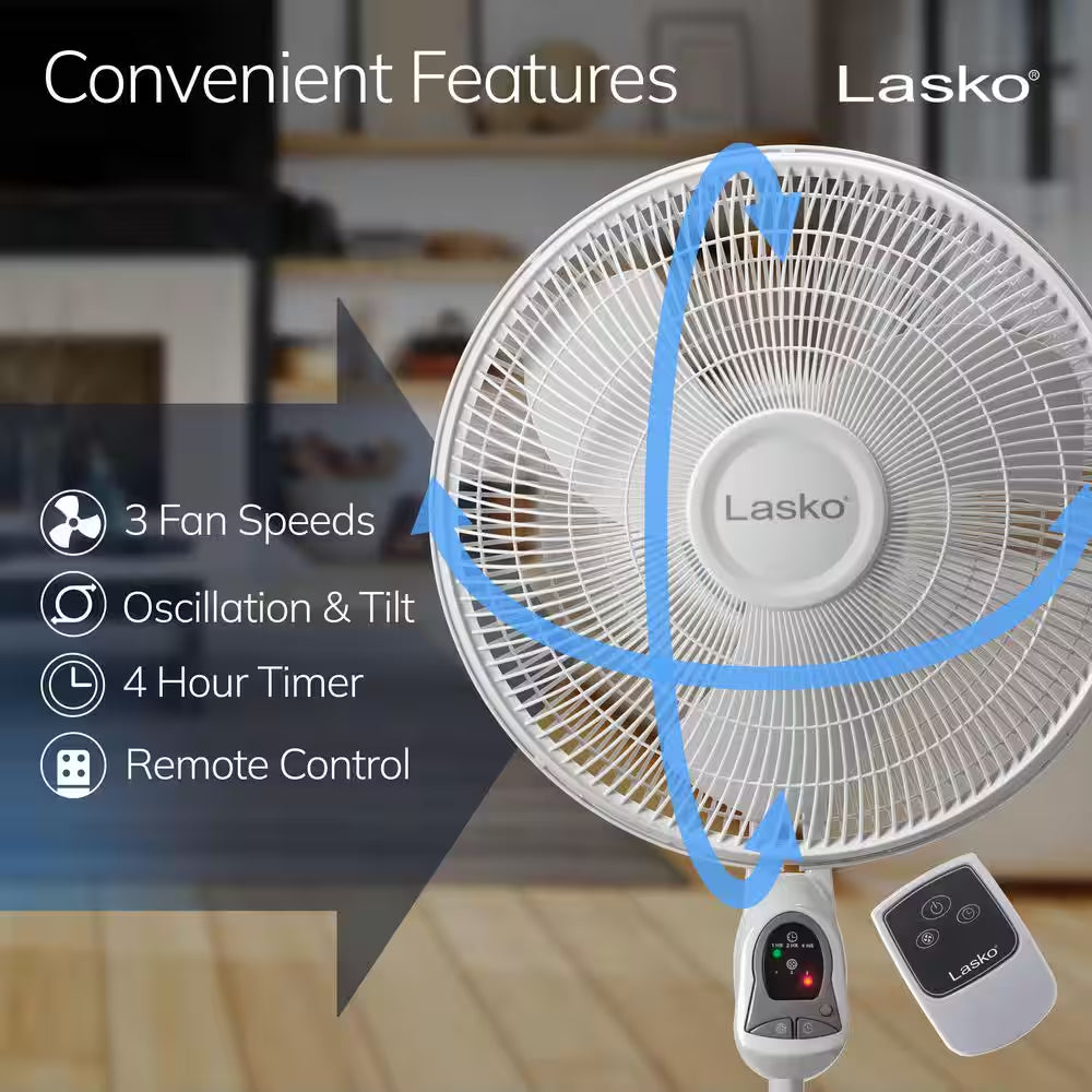 16 In. 3 Speed Oscillating Pedestal Fan with Adjustable Height, Remote Control, and Auto off Timer in White