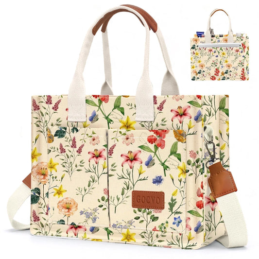 Canvas Tote Bag for Women, Large Multi-Pocket Shoulder Handbag, Crossbody Messenger Bag, Retro Flower