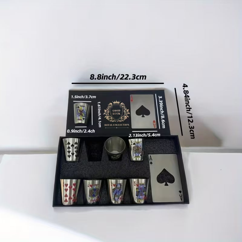 Stainless steel cups and bottle openers in a black gift box insert, shown with size measurements