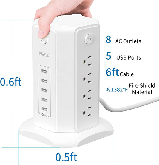 Power Strip Tower Surge Protector – 8 Outlets + 5 USB Ports, 1625W/13A, 6ft Flat Plug Extension Cord, Individual Switches, 1080 Joules, Overload Protection (Black)