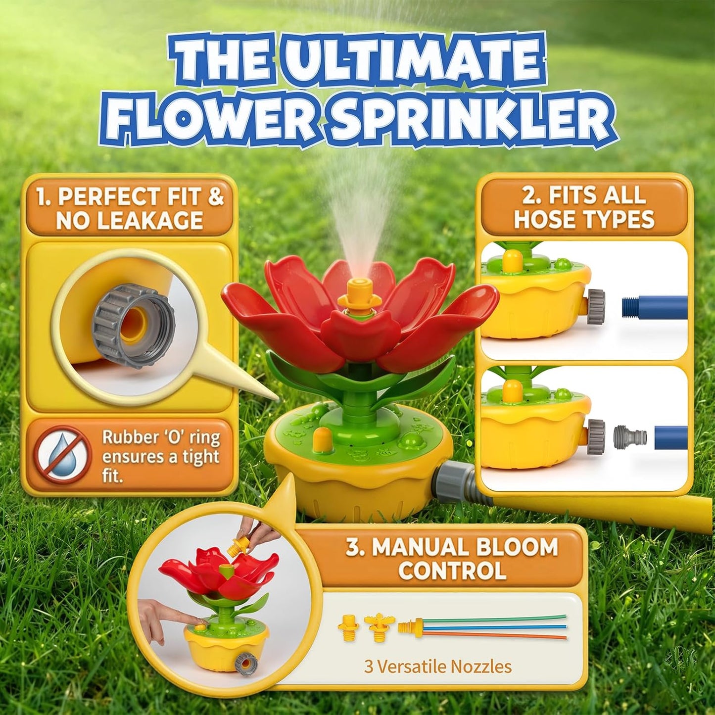 Water Sprinkler for Kids, 3-In-1 Crab Outdoor Toy with Toss Game, Batting Game & Splashing Fun, Attaches to Garden Hose, Summer Backyard Lawn Toy for Boys & Girls Ages 3-8 (Red Flower)