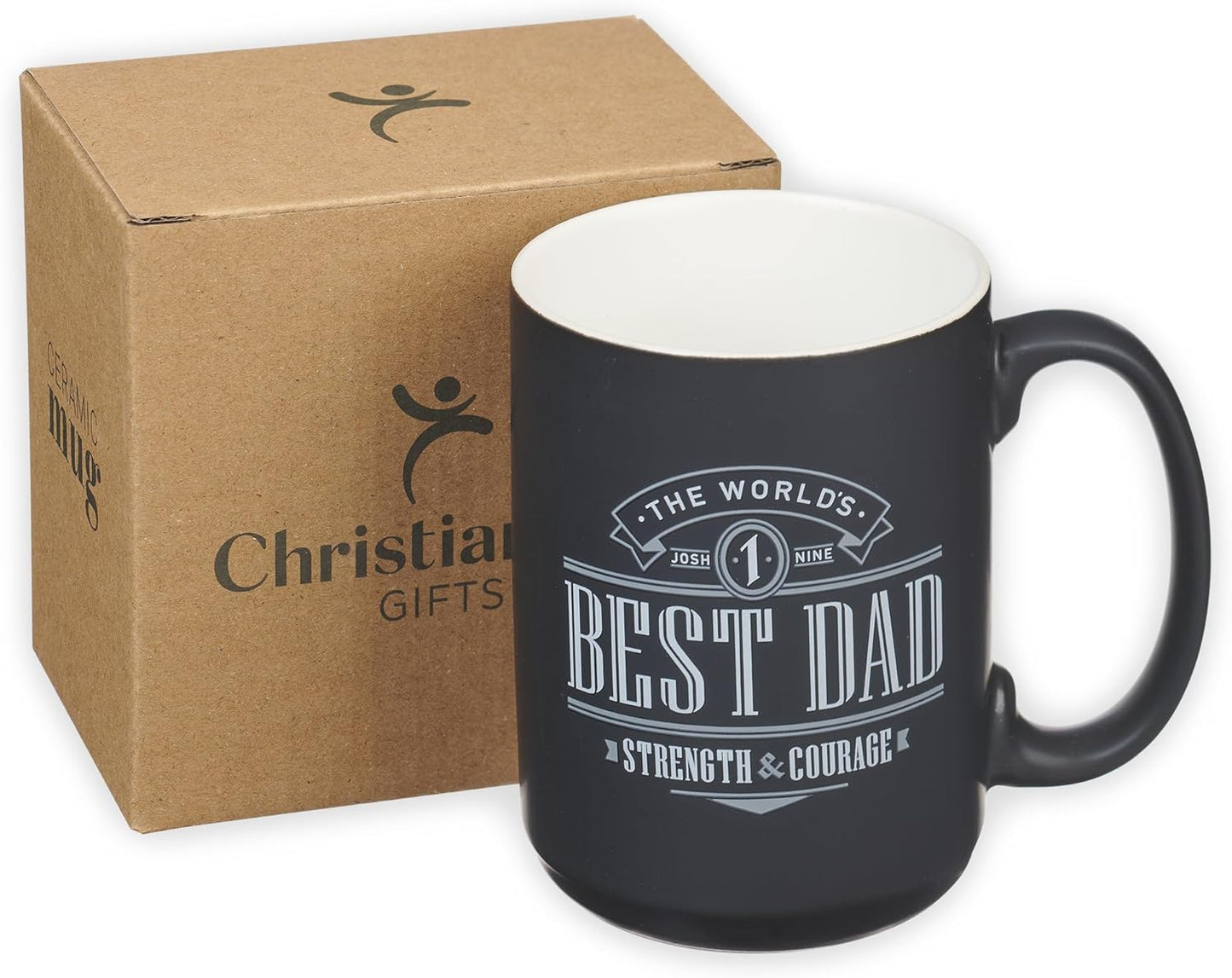 Large Ceramic Coffee & Tea Mug for Dads & Fathers: World'S Best Dad Strength & Courage Inspirational Bible Verse, Non-Toxic Lead-Free, Microwave/Dishwasher Safe, Black/White, 14Oz.