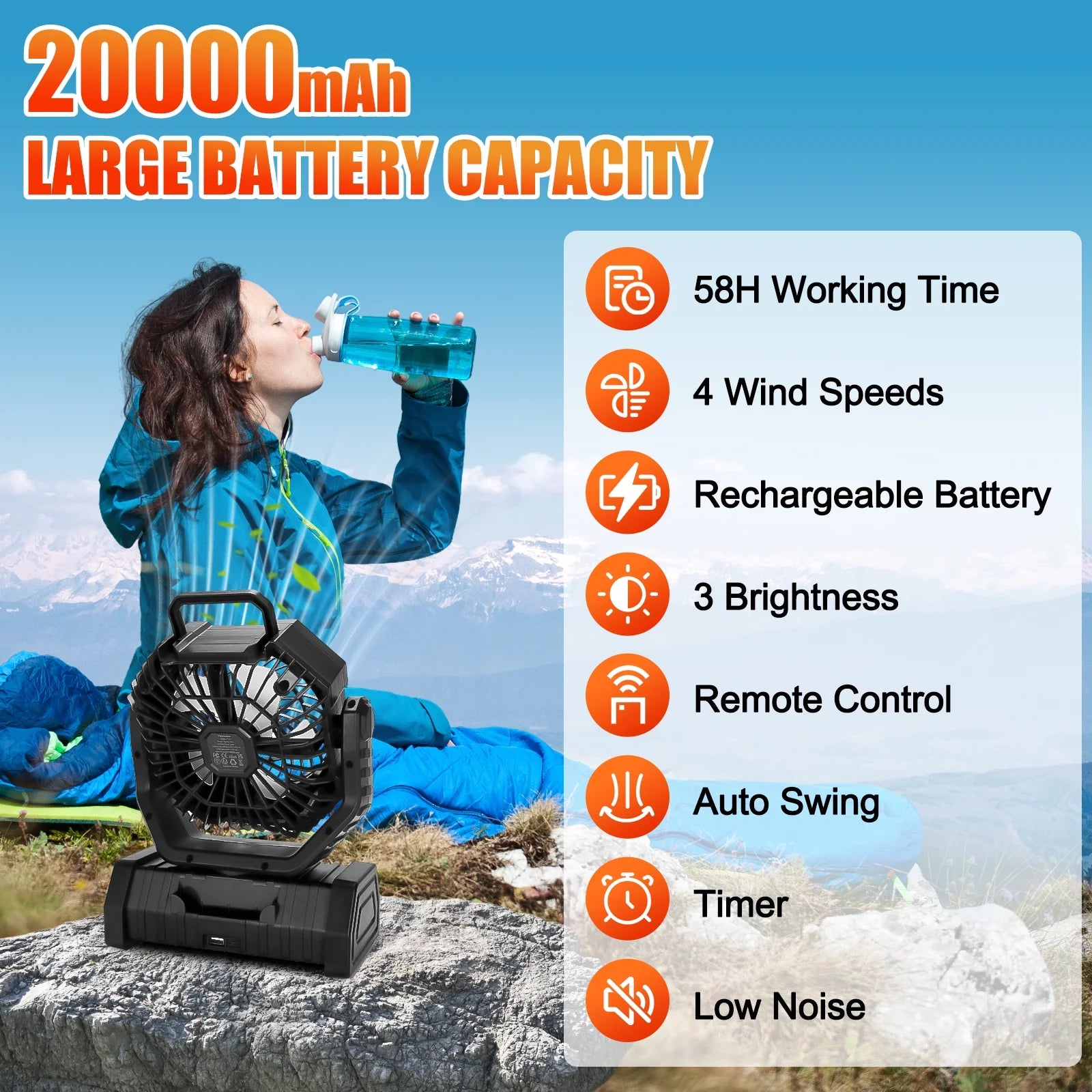 Camping Fan with LED Lantern, 20000mAh Rechargeable Battery, 270° Adjustable Rotation, 4-Speed Portable Tent Fan, Black