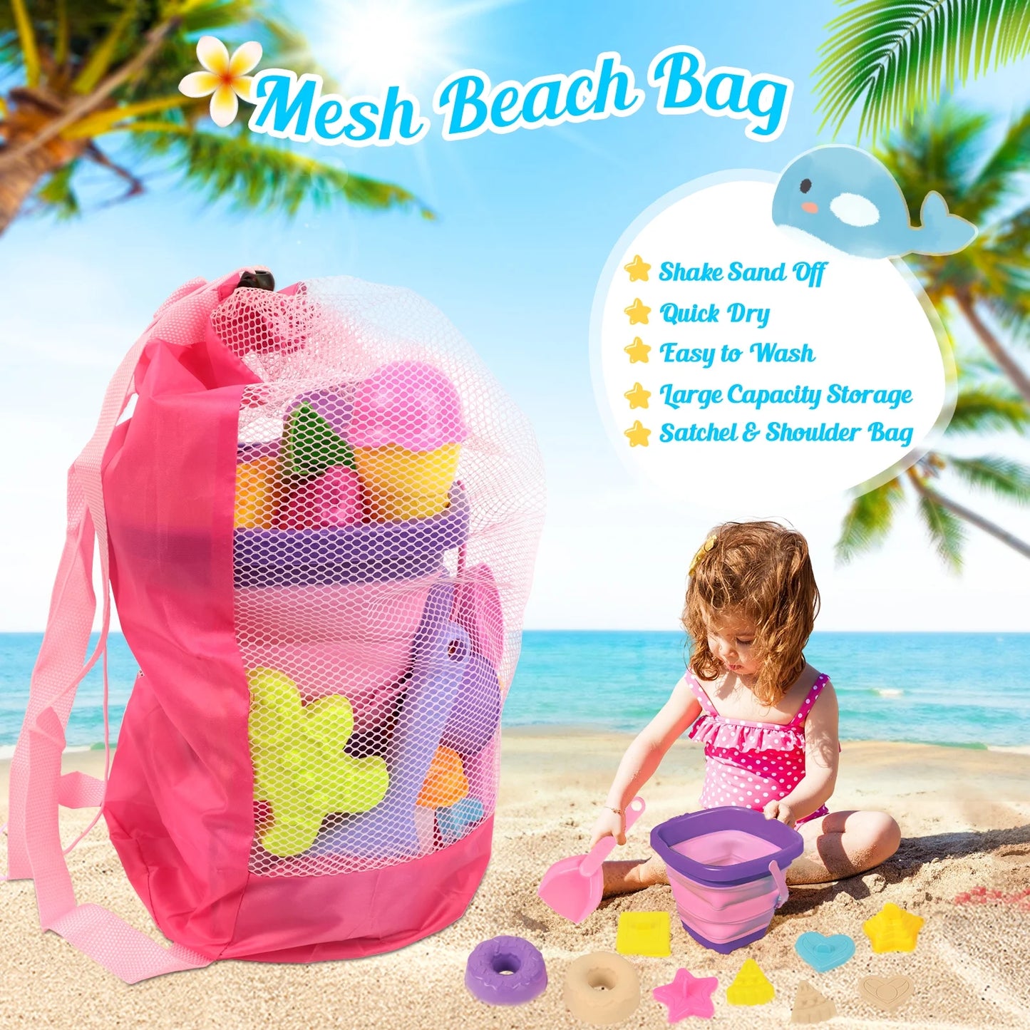 35 Piece Beach Sand Toy Set with Collapsible Silicone Bucket Mesh Bag and Molds Kids Outdoor Sandbox Play Ages 3-12