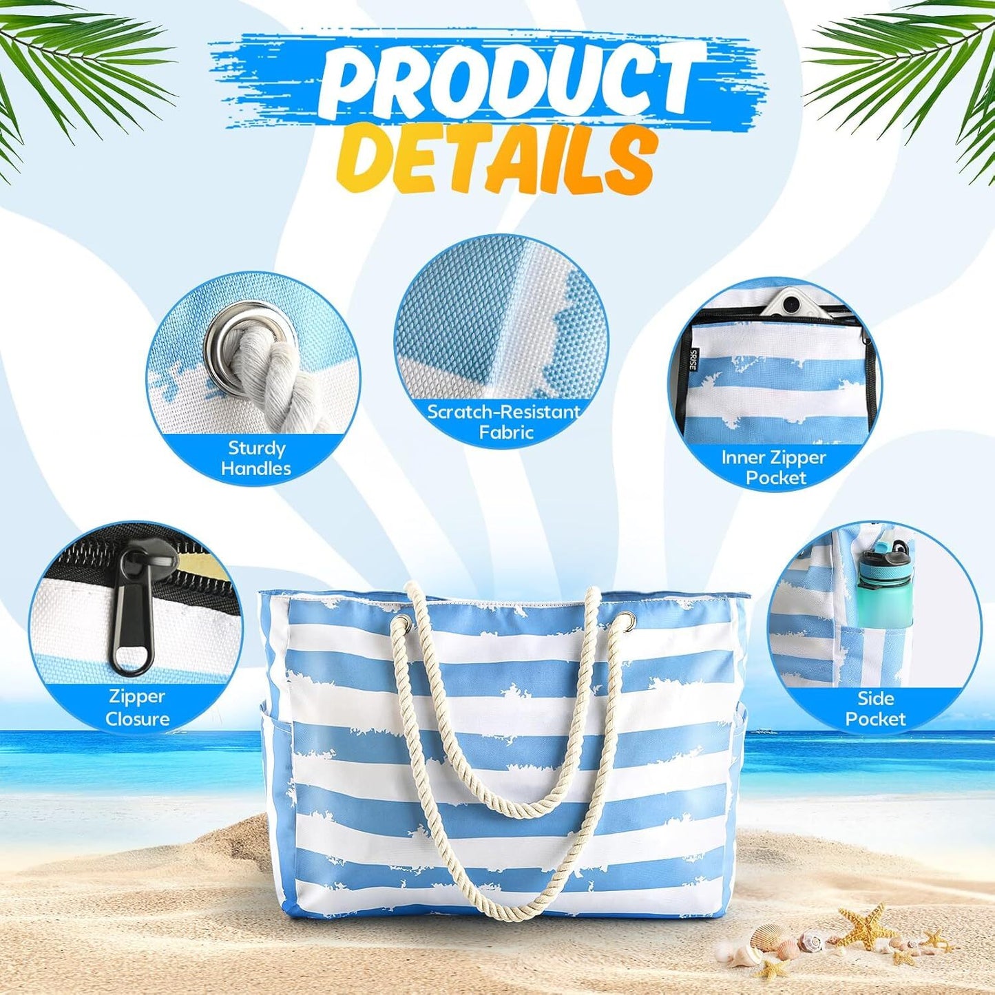 Large Beach Bag for Women & Men Beach Bags Waterproof Sandproof Travel Tote Bag