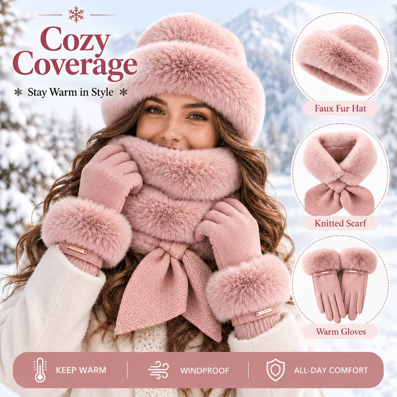 Woman in pink faux fur hat, knit scarf and gloves in snow, with close-ups of each piece