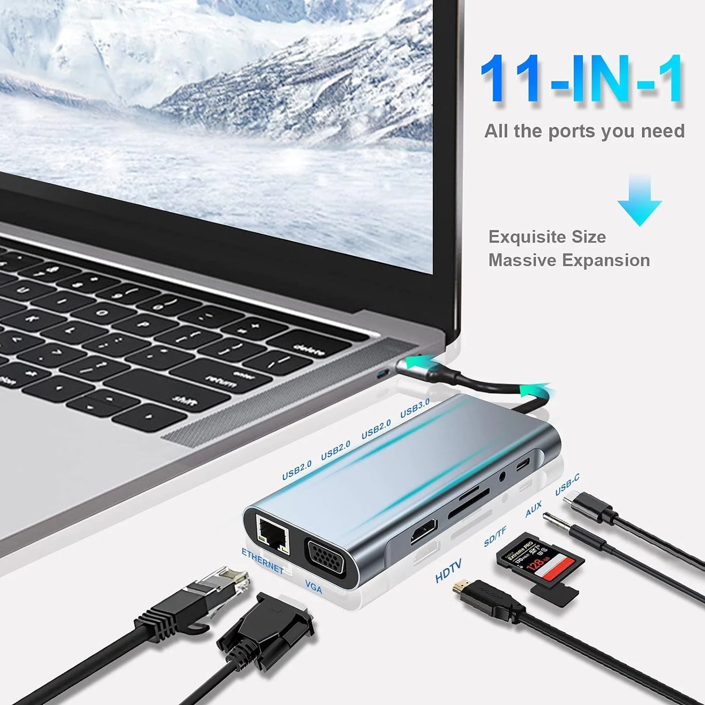 11-In-1 USB-C Hub Adapter with 4K HDTV, VGA, Type C PD, USB 3.0, RJ45 Ethernet, SD/TF Card Reader, 3.5Mm Aux - Docking Station for Macbook Pro/Air