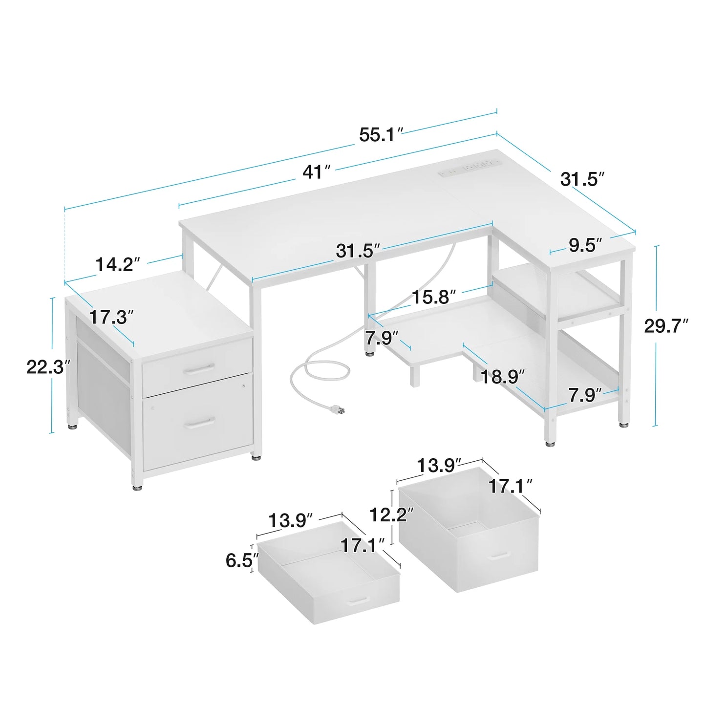 L Shaped Desk with Power Outlets, Large Computer Desk with File Drawer, Home Office Desk with Printer Stand & Storage Shelves, Corner Desk, White