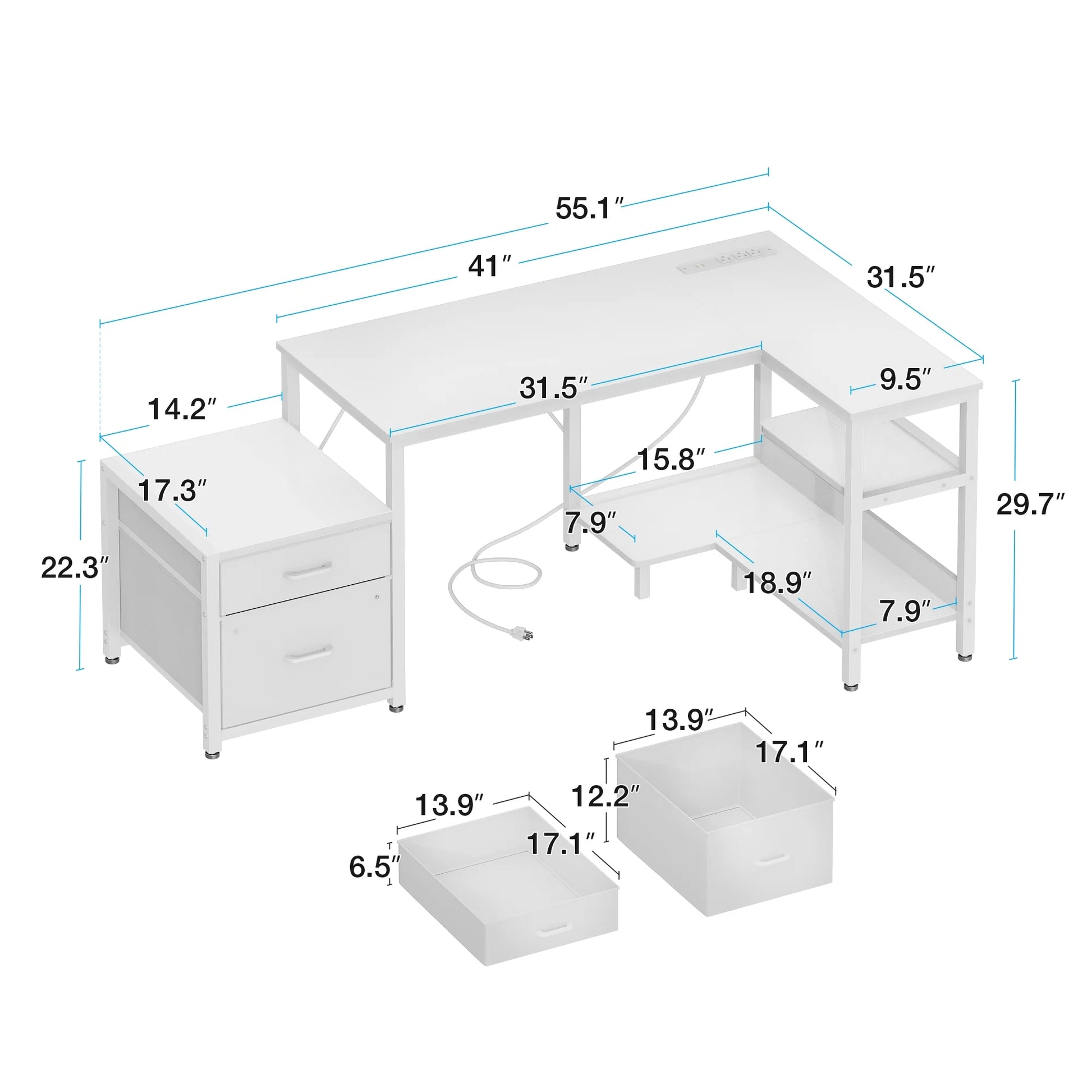 L Shaped Desk with Power Outlets, Large Computer Desk with File Drawer, Home Office Desk with Printer Stand & Storage Shelves, Corner Desk, White
