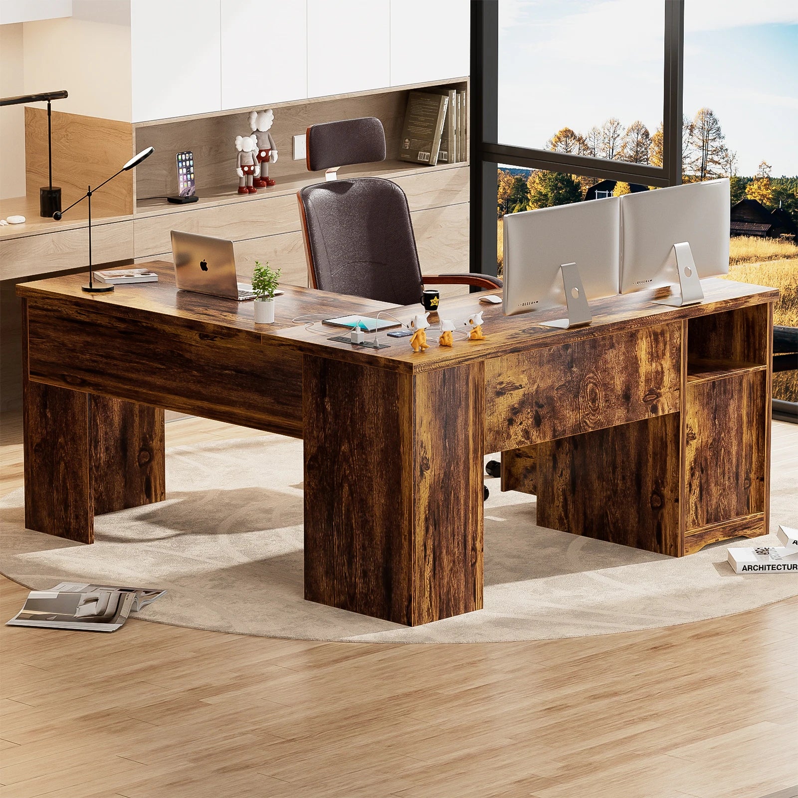 Lift Top L-Shaped Desk with Charge Station, Corner Standing Desk with File Drawers for Home Office