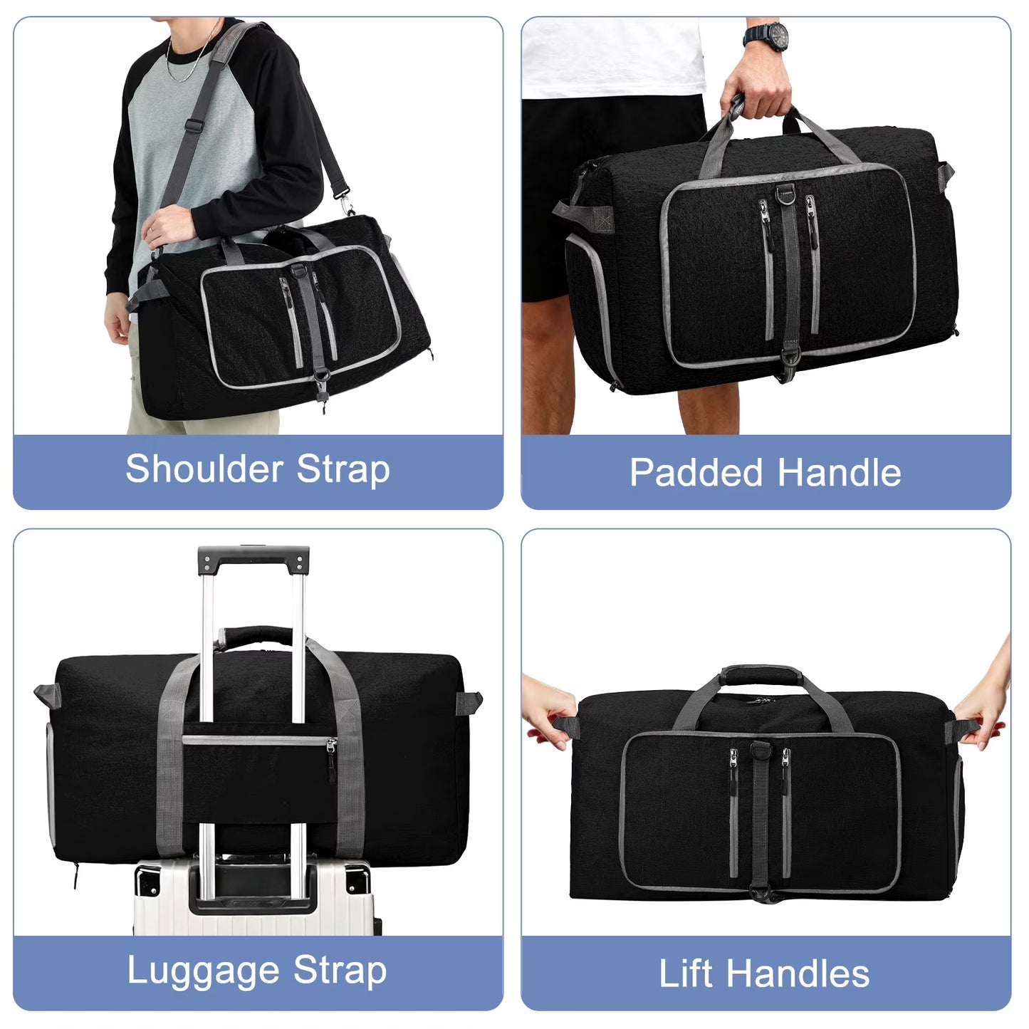 Travel Duffle Bag 24" Foldable Weekender Bags Men Women, 60L Carry on Waterproof Overnight Bag Gym Bag with Shoes Compartment Trolley Sleeve, Large Packable Tote Duffel Bag for Sports Plane