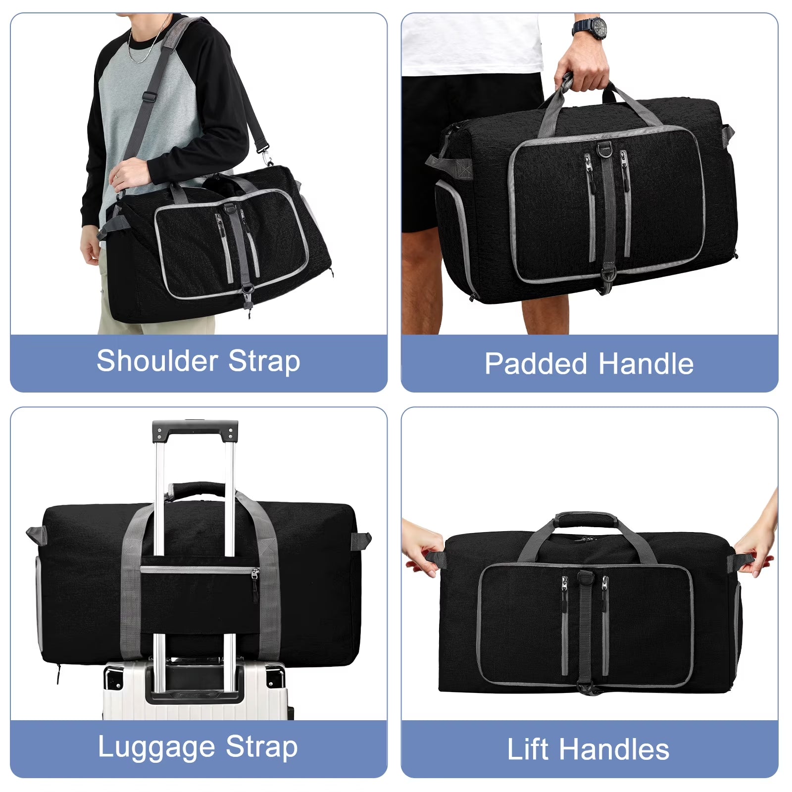 Travel Duffle Bag 24" Foldable Weekender Bags Men Women, 60L Carry on Waterproof Overnight Bag Gym Bag with Shoes Compartment Trolley Sleeve, Large Packable Tote Duffel Bag for Sports Plane