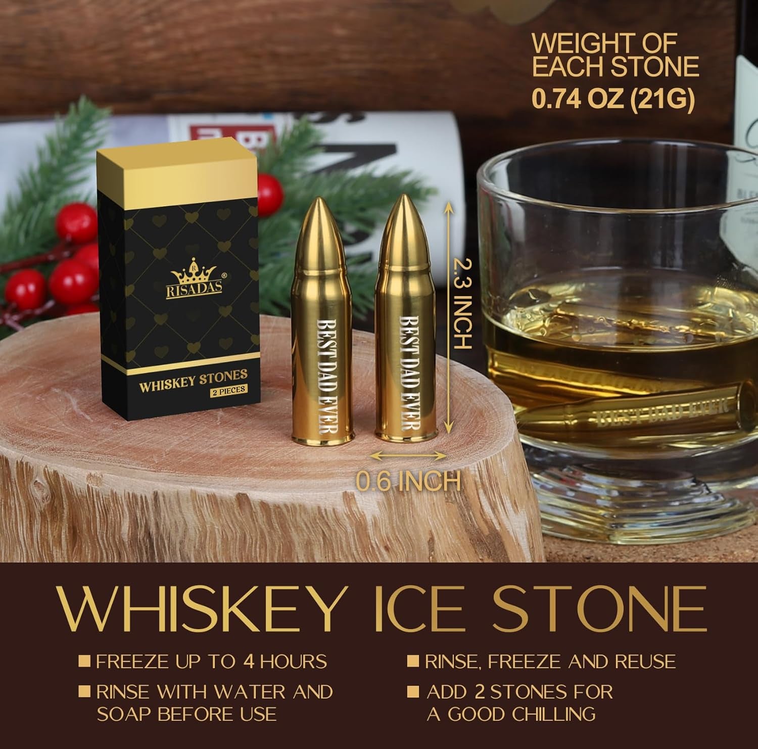 Fathers Day Dad Gifts from Daughter, Wife - Gifts for Dad, Fathers Day Present Ldeas - Dads Birthday Gift from Son, Gift for Stepdad, Men - Christmas Whiskey Stones Presents, Gold, 2 Pieces, Bar Set