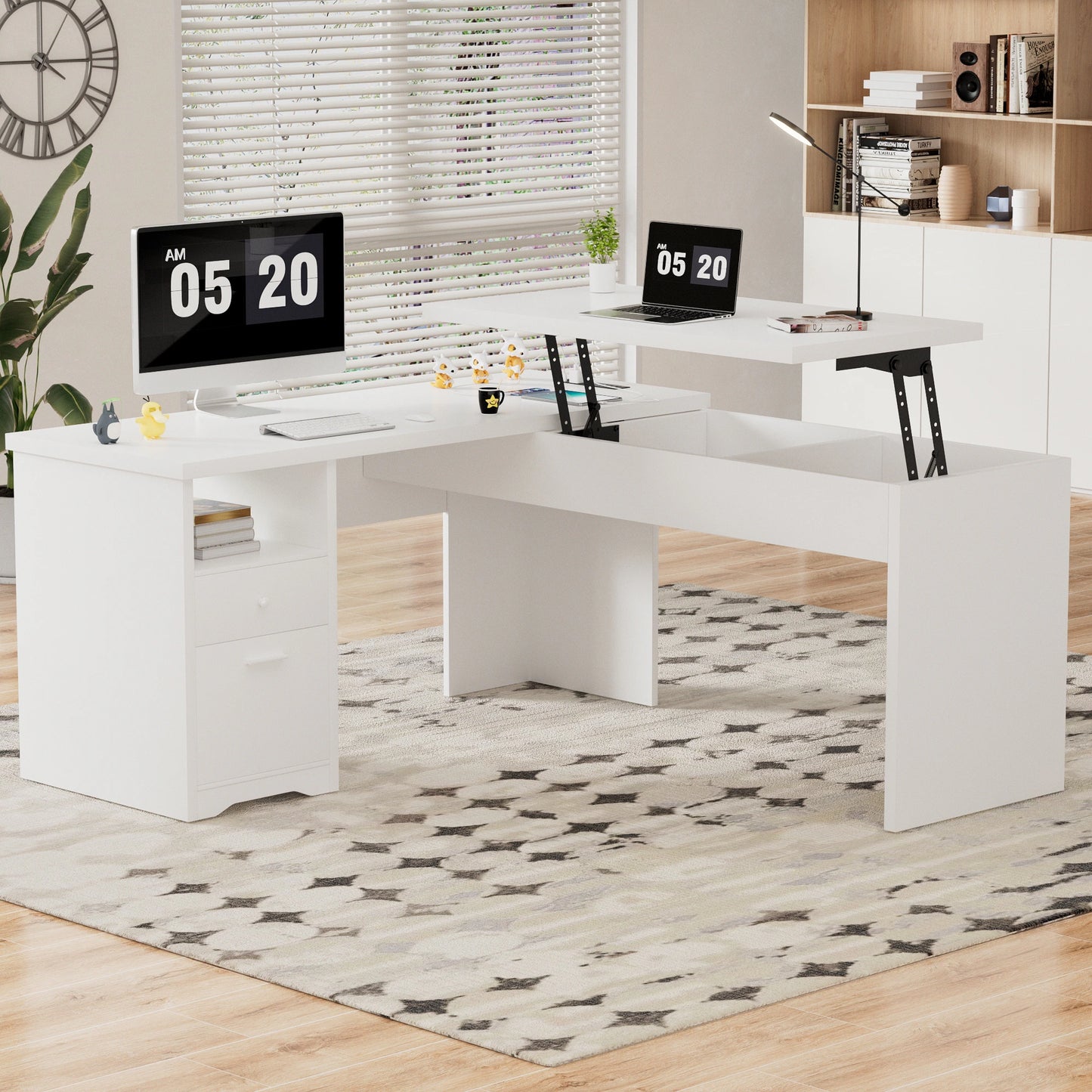 Lift Top L-Shaped Desk with Charge Station, Corner Standing Desk with File Drawers for Home Office