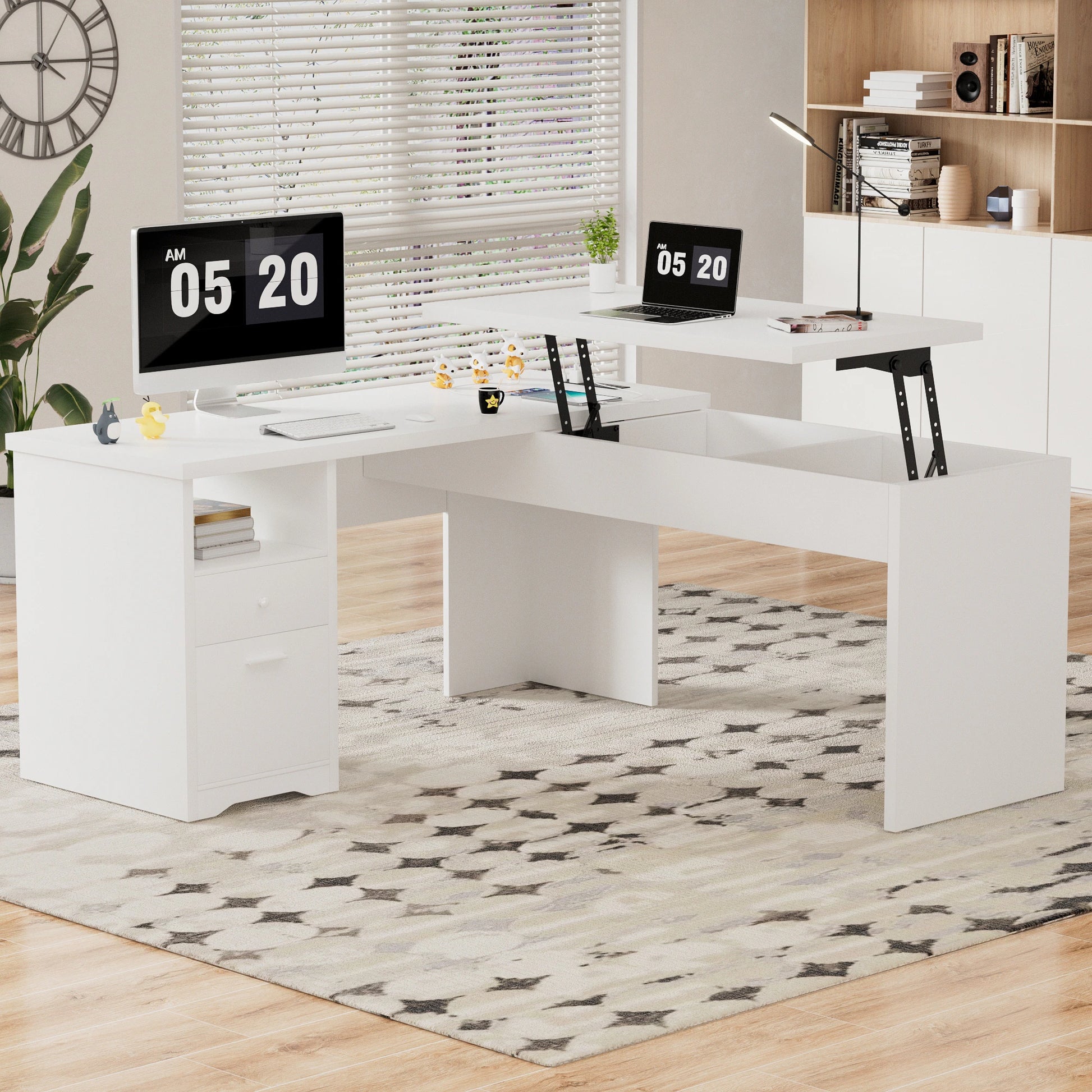 Lift Top L-Shaped Desk with Charge Station, Corner Standing Desk with File Drawers for Home Office