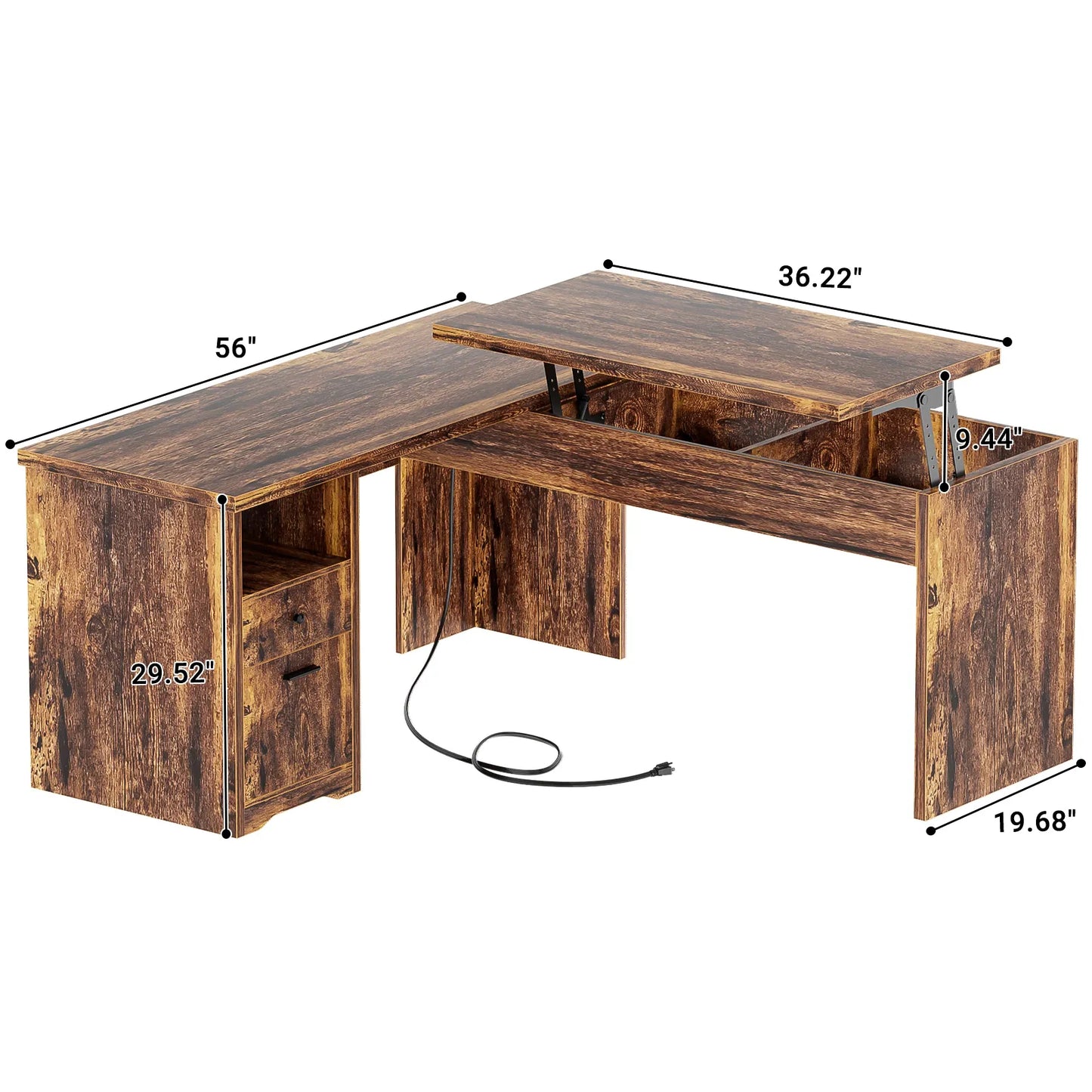 Lift Top L-Shaped Desk with Charge Station, Corner Standing Desk with File Drawers for Home Office