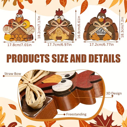 Set of 3 Wooden Turkey Table Centerpieces, Rustic Farmhouse