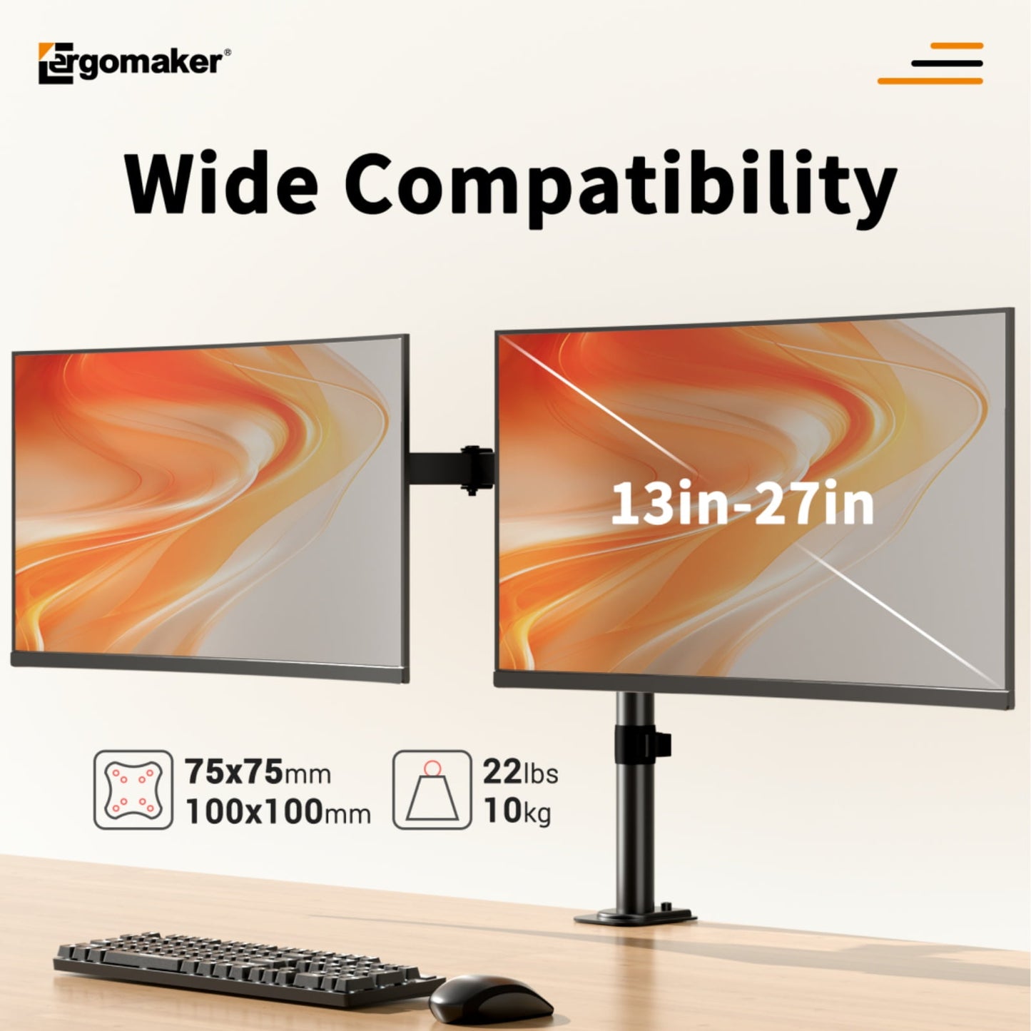Dual Monitor Desk Mount with Adjustable Height and Full-Motion Arms, 13–27 in, Black, Metal