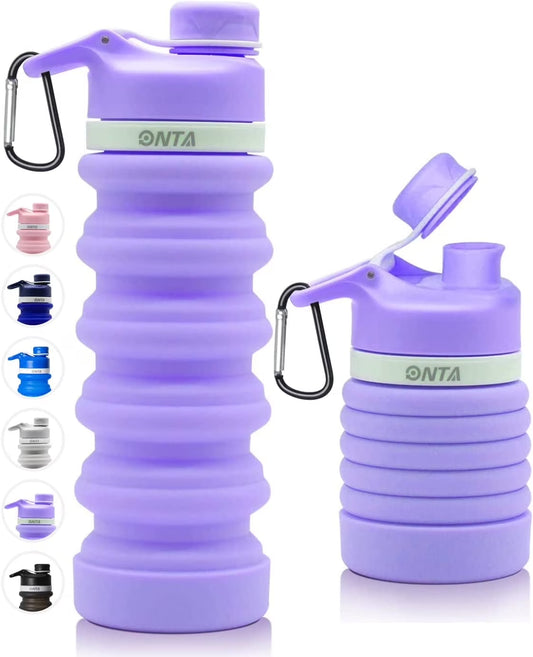 Collapsible Silicone Water Bottle 20oz BPA Free Leak Proof Foldable Portable Travel Bottle with Carabiner - Purple
